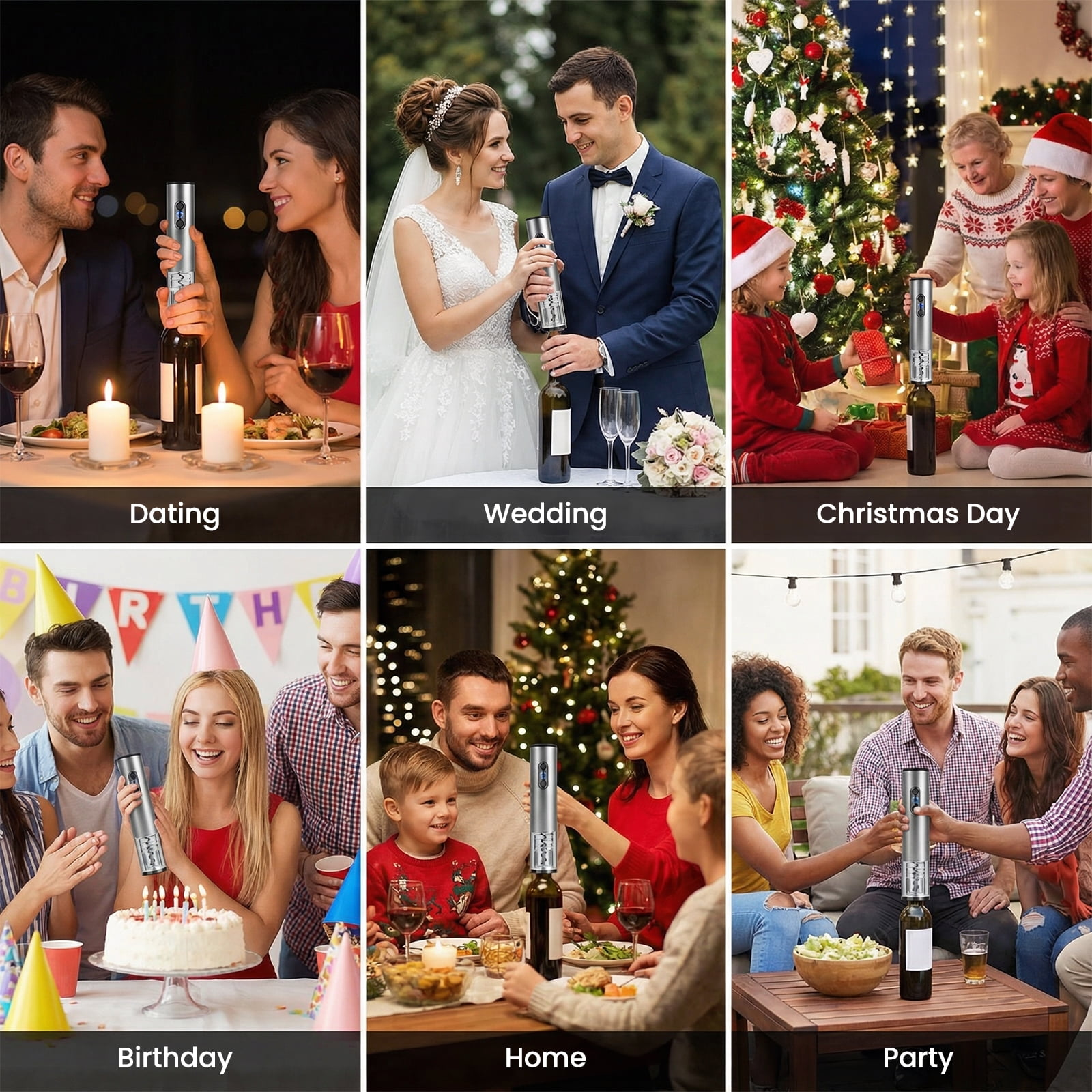 Sechs Szenen: Verabredung, Hochzeit, Weihnachten, Geburtstag, Zuhause, Party. Alle mit elektrischem Korkenzieher.