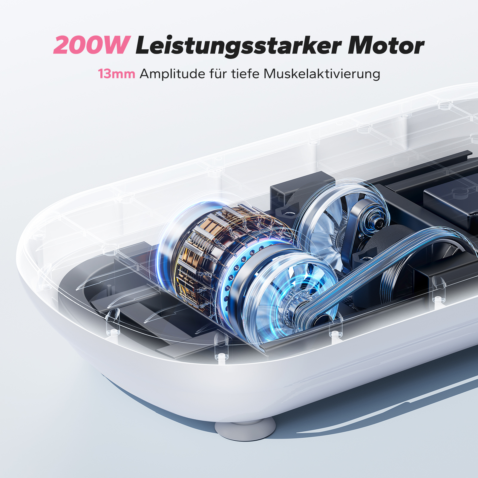 Detailansicht des Motors mit blau leuchtenden Lüftern und Spulen.
