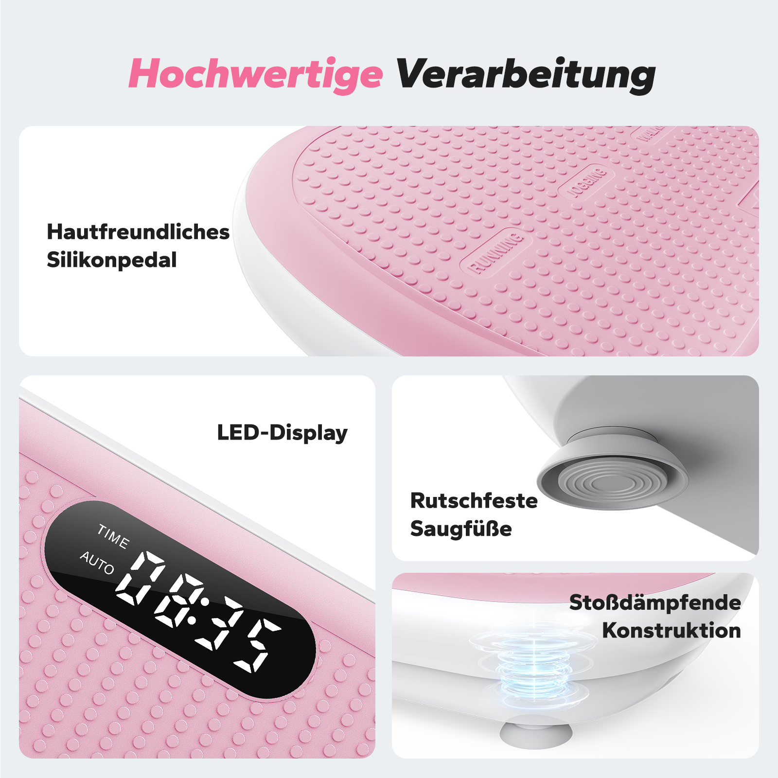Ein pinkes Fitnessgerät mit LED-Display, Silikonpedal und Stoßdämpfung.