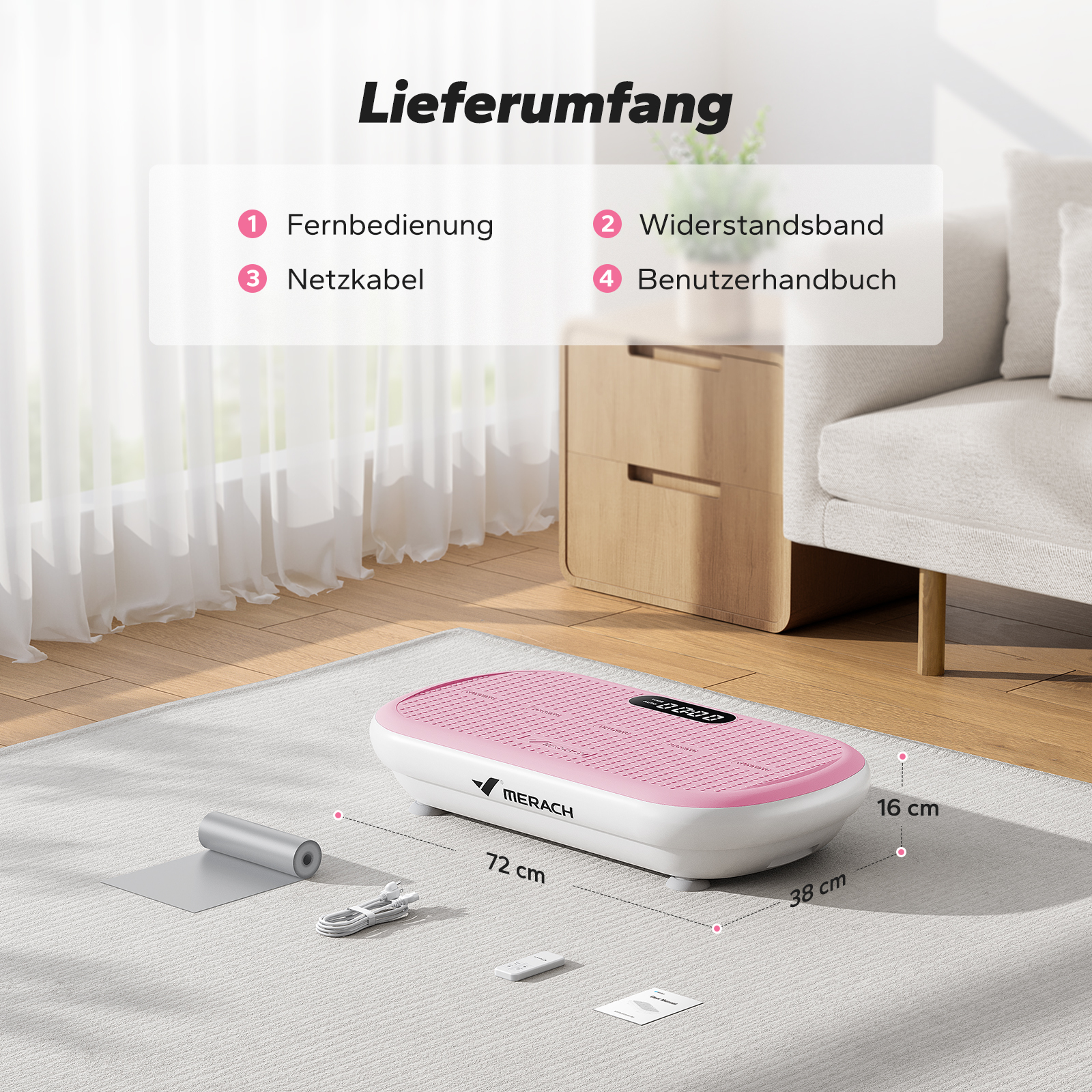 Ein pinkfarbenes Vibrationsgerät mit Zubehör auf einem Teppich.