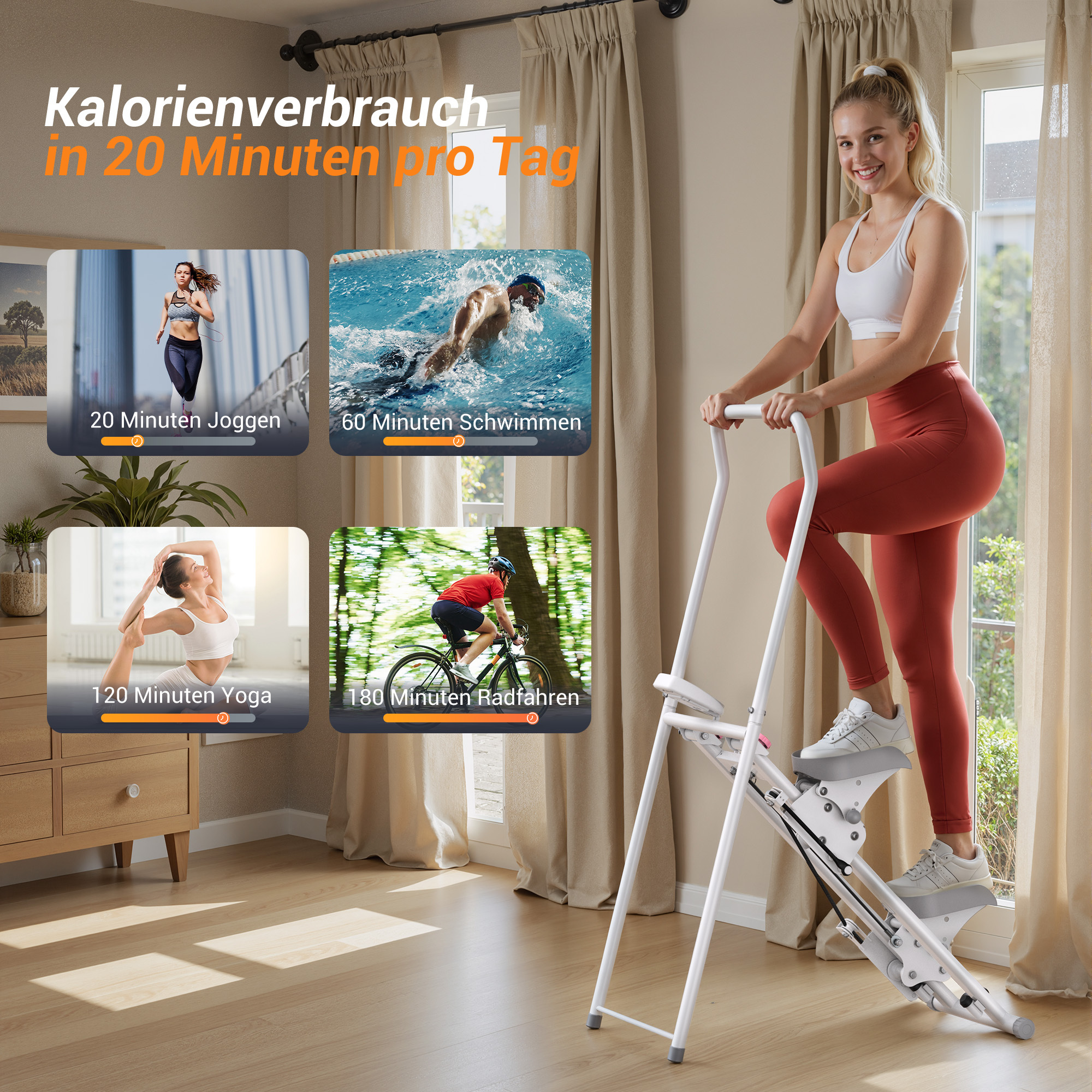 Frau auf einem Stepper in einem Raum mit Fitness-Bildern.