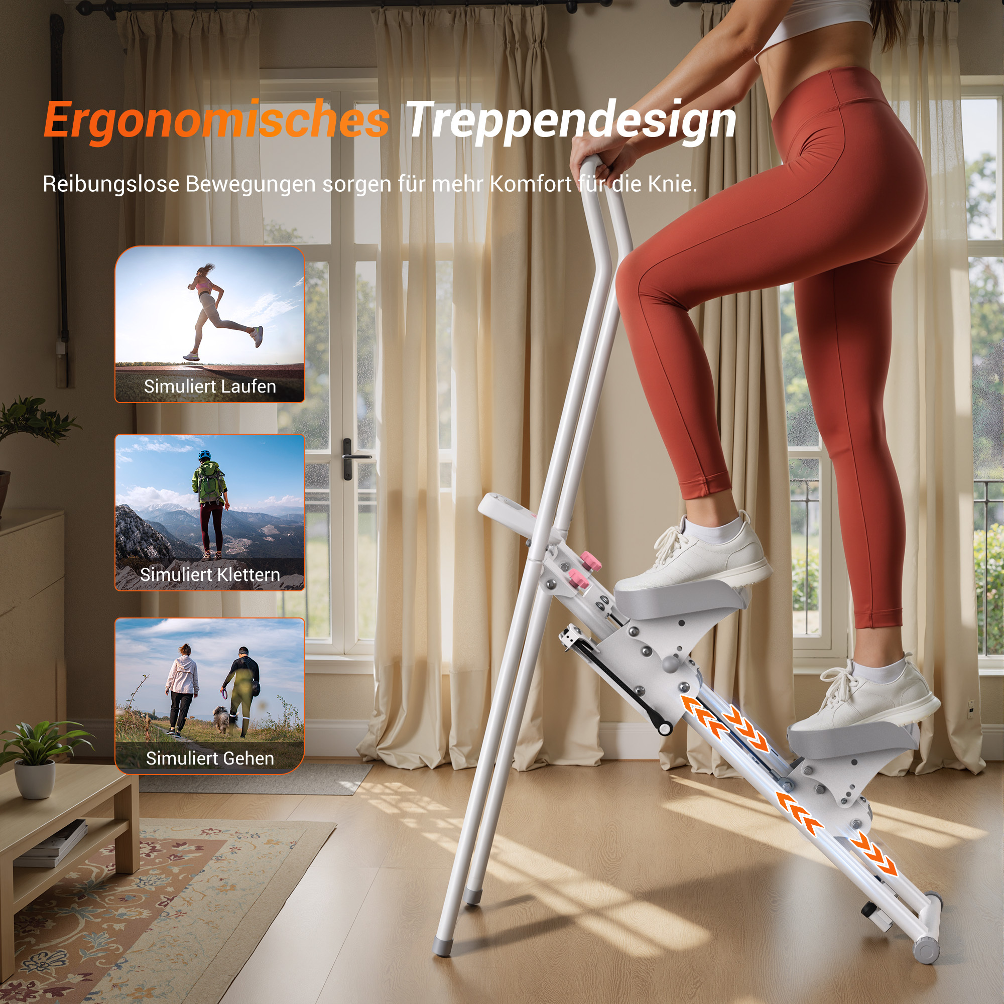 Frau auf einem Stepper mit ergonomischem Treppendesign, der Laufen, Klettern und Gehen simuliert.