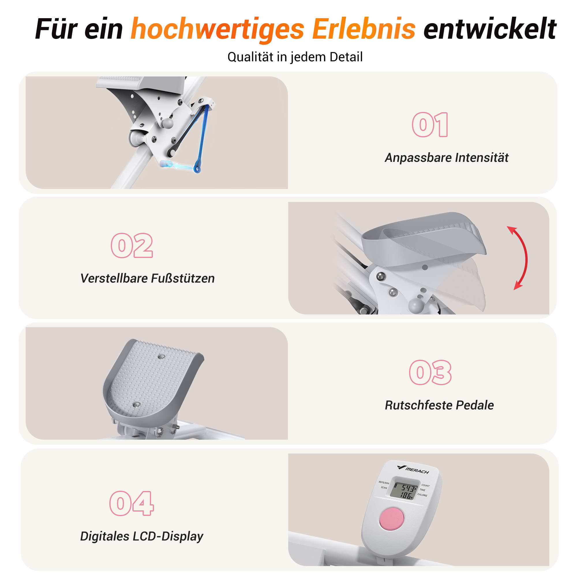 Das Bild zeigt vier Kacheln mit Fitnessgerätedetails: Intensität, Fußstützen, Pedale und Display.