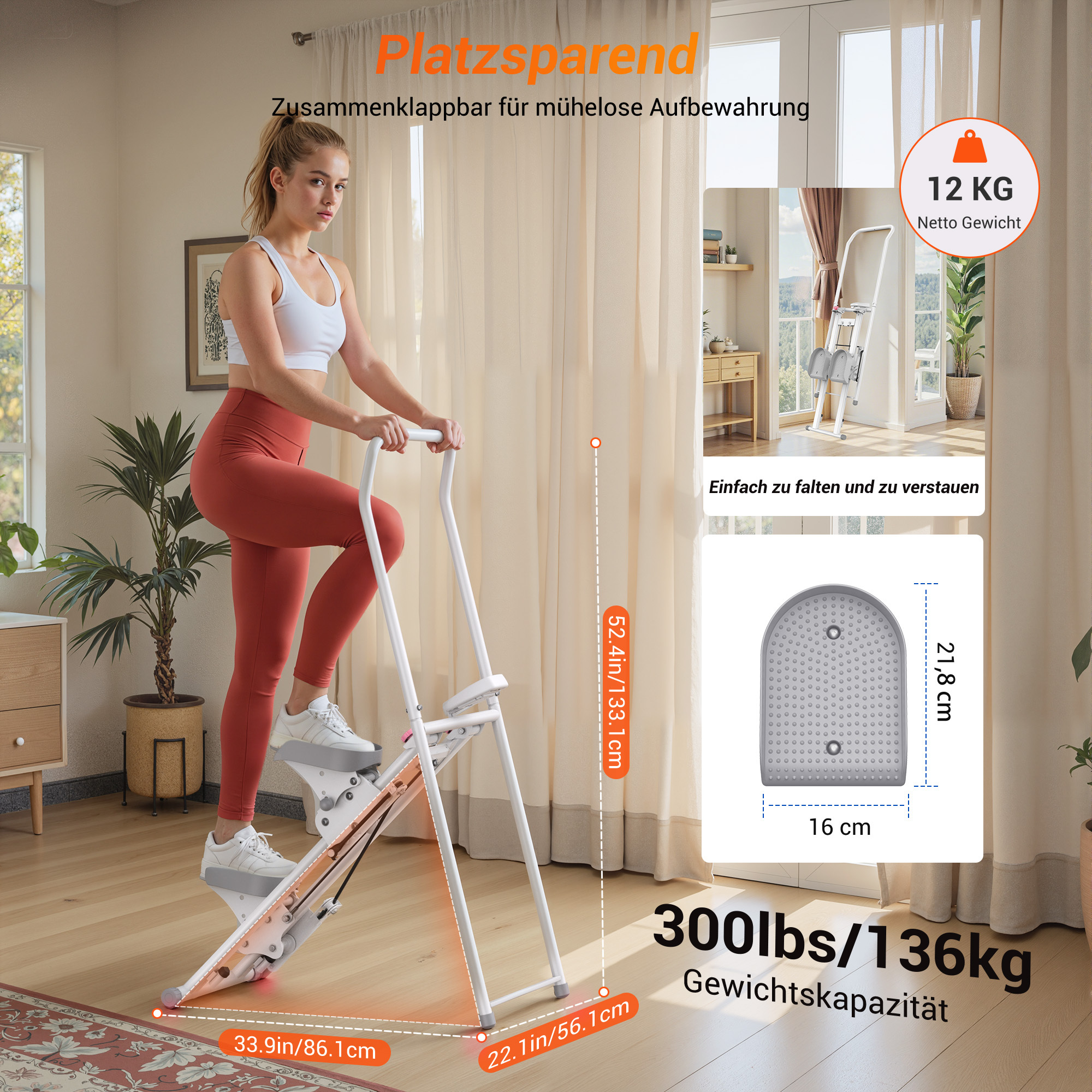 Frau auf einem platzsparenden Heimtrainer, der zusammenklappbar ist. Maße und Gewicht sind angegeben.
