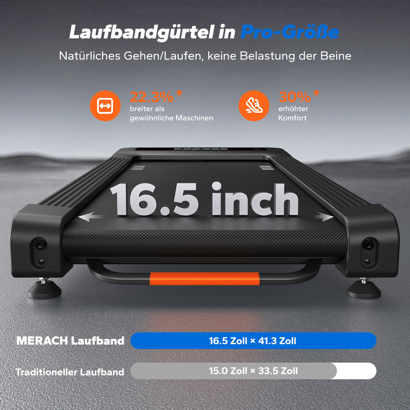 Ein schwarzes Laufband mit 16,5 Zoll Breite und orangefarbenen Akzenten.
