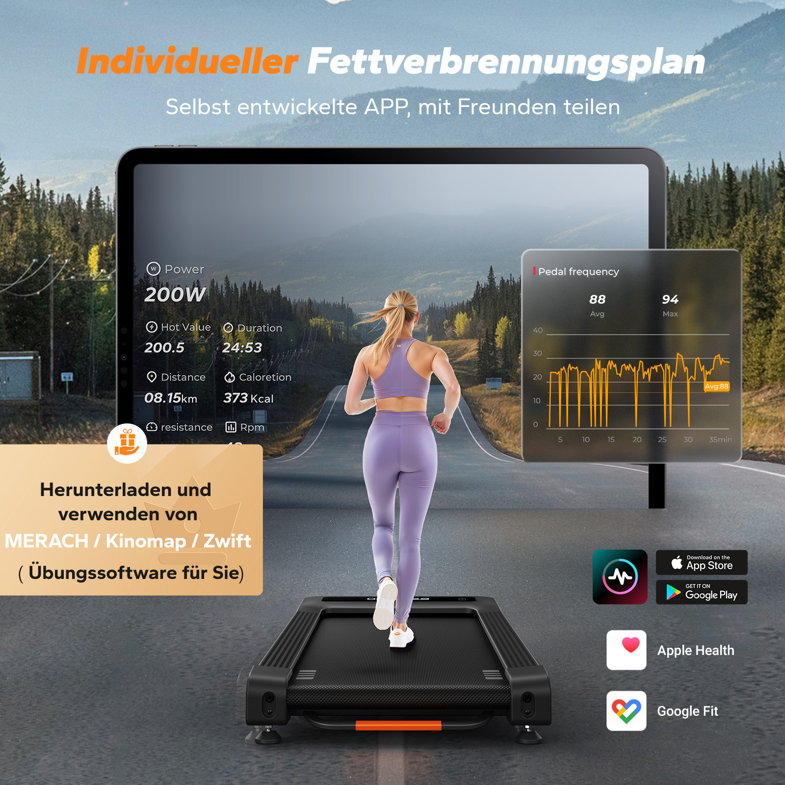 Läuferin auf Laufband vor Tablet mit Trainingsdaten & Landschaft.