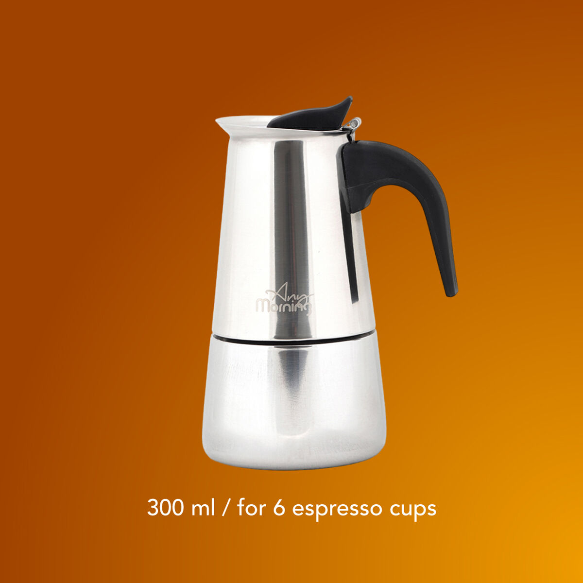 Turuncu arka plan üzerinde siyah saplı gümüş espresso makinesi.