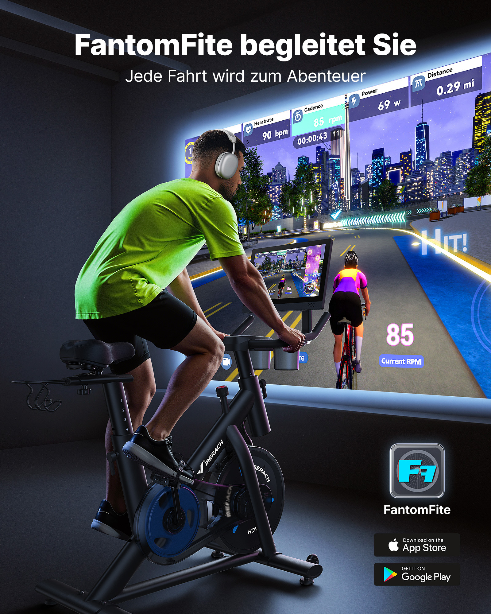 Mann auf einem Ergometer vor einem Bildschirm mit Stadtansicht.