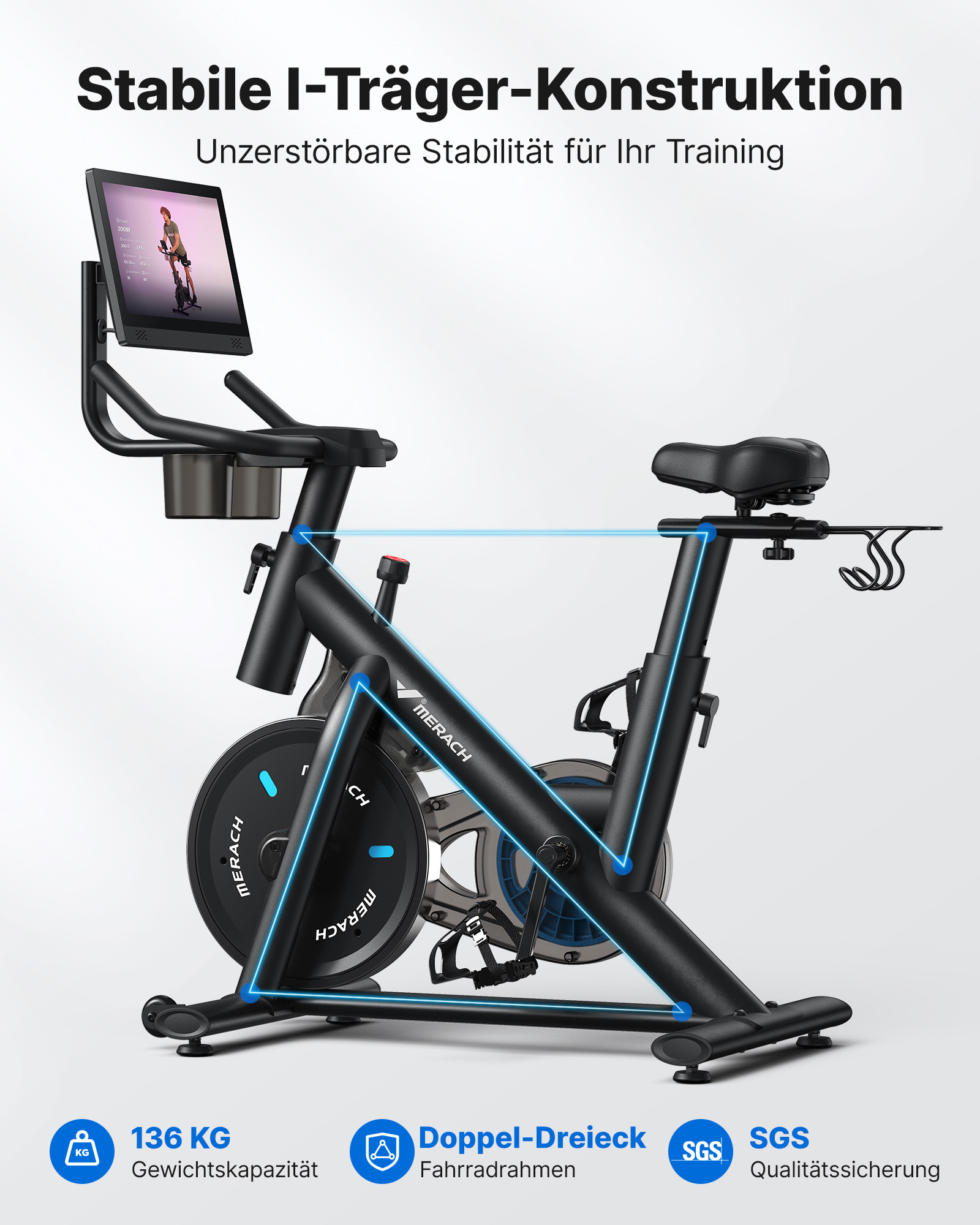 Schwarzes Indoor-Fahrrad mit Bildschirm, das Stabilität und Gewichtskapazität von 136 kg anzeigt.