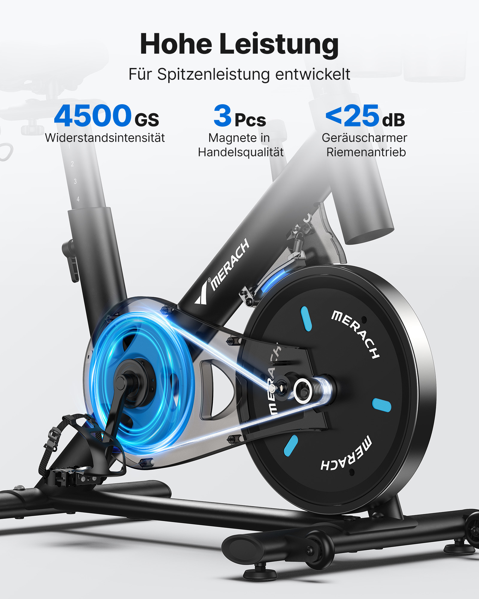 Ein schwarzes Ergometer mit blauen Akzenten und technischen Daten.
