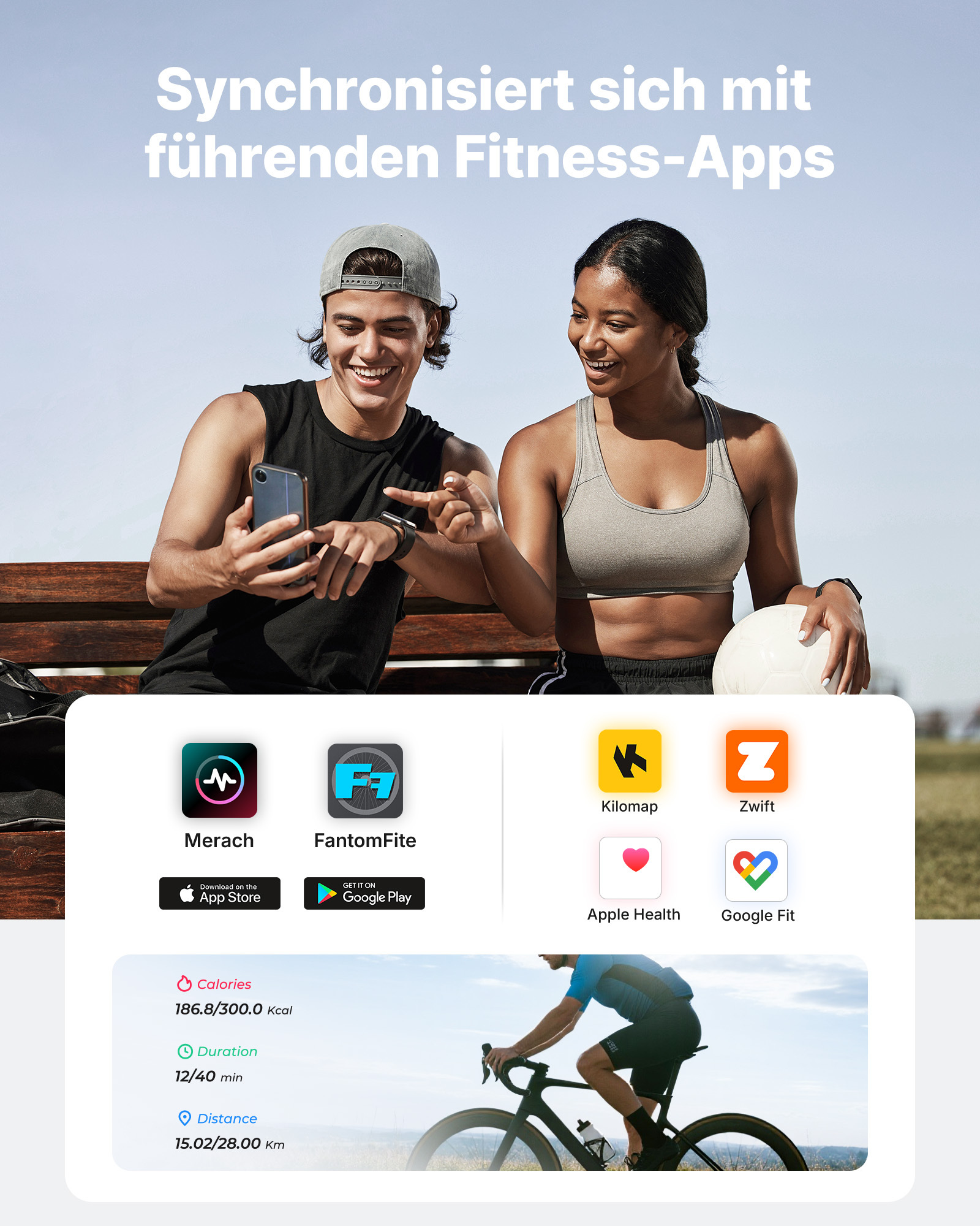 Mann und Frau schauen auf Handy. Fitness-Apps und Trainingsdaten.
