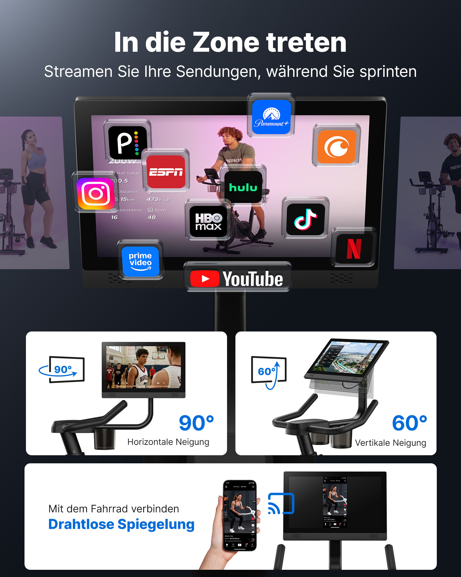 Ein Fahrrad-Display zeigt Apps wie YouTube, Hulu, ESPN und Netflix. Es gibt auch eine Ansicht der Neigungseinstellung.
