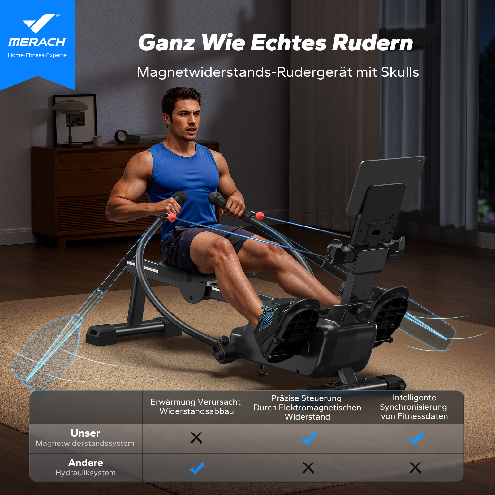 Mann rudert auf einem Heimtrainer mit Magnetwiderstand, der echtes Rudern simuliert.