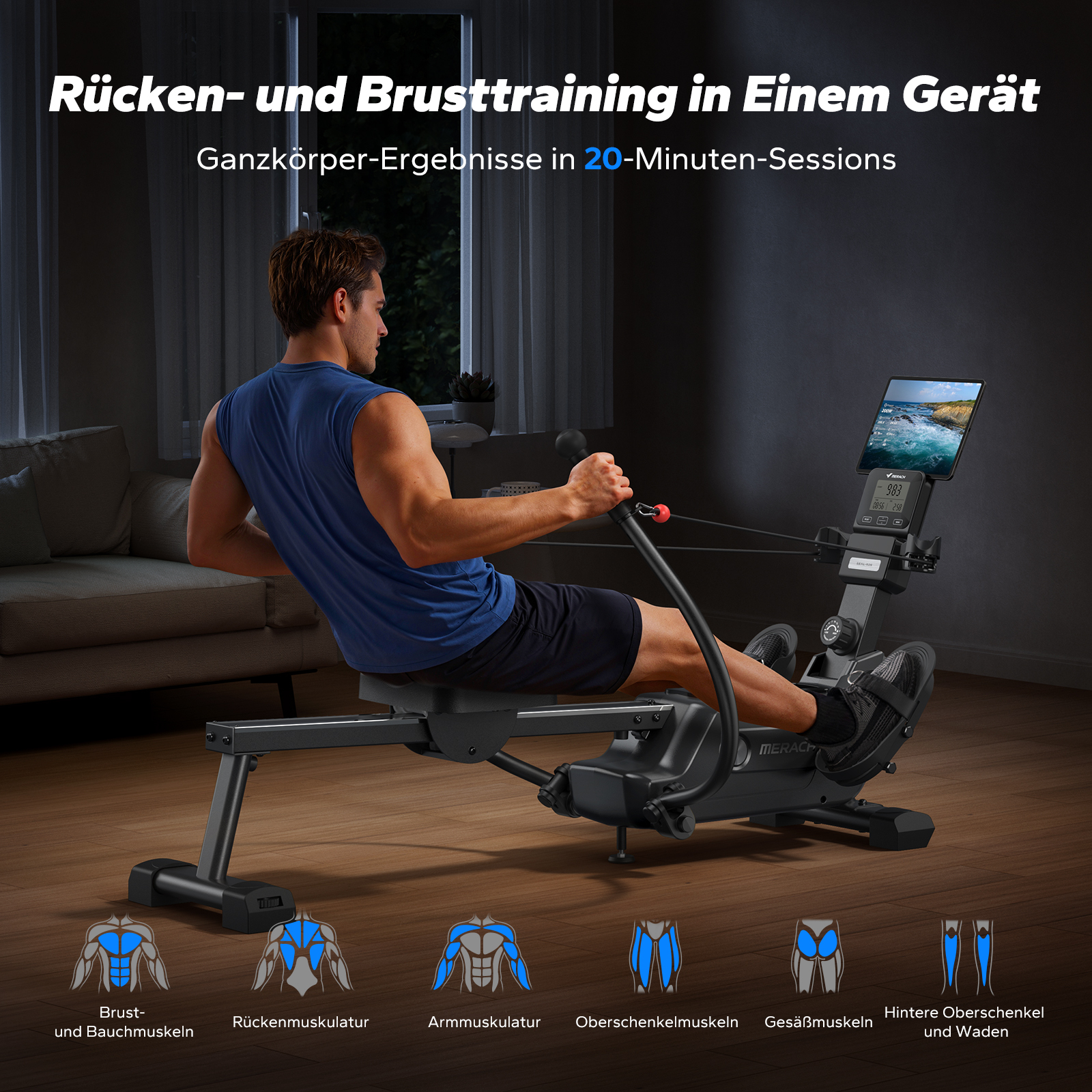 Mann trainiert auf einem Rudergerät, das für Rücken-, Brust- und Ganzkörpertraining ausgelegt ist.
