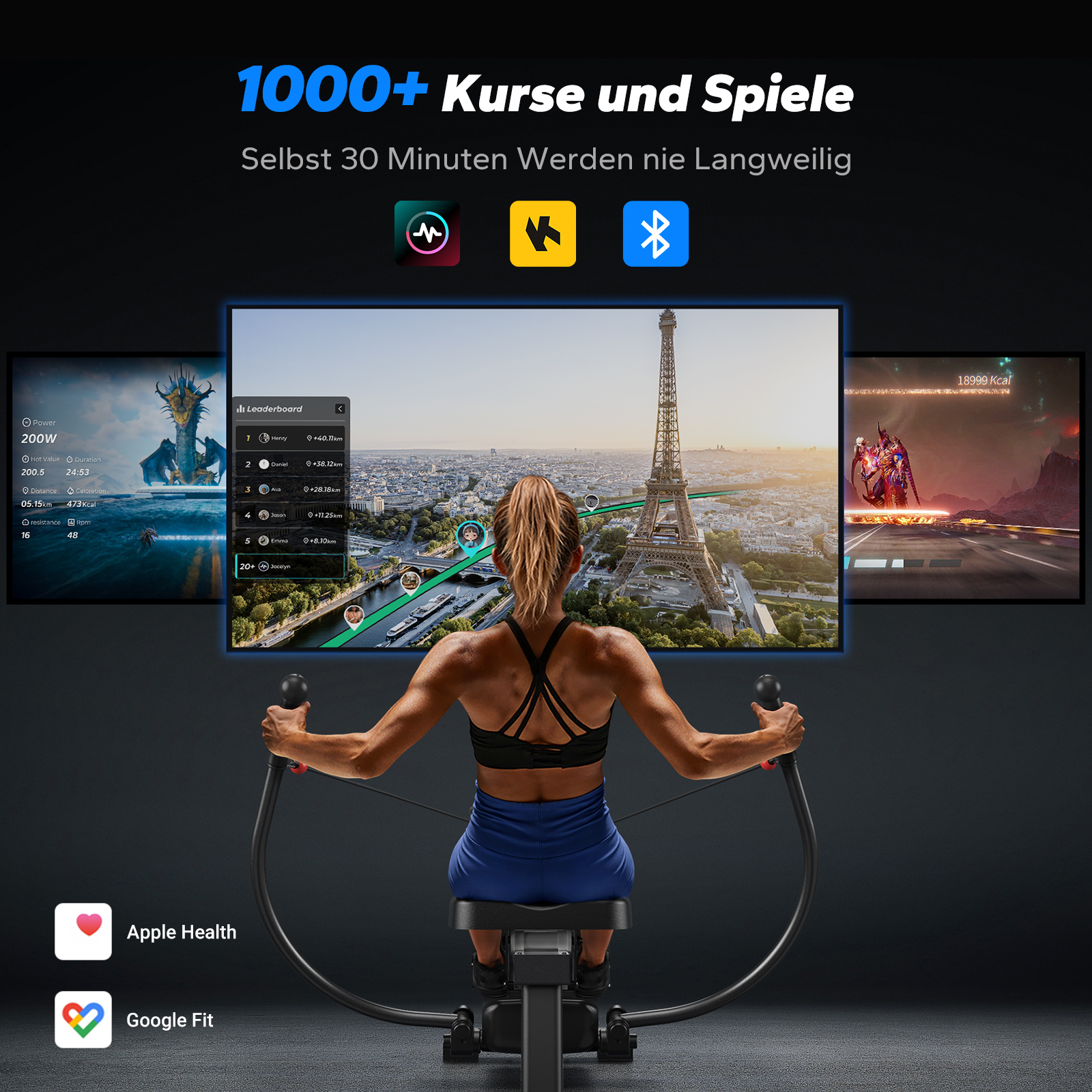 Eine Frau rudert vor drei Bildschirmen: links ein Drache, Mitte Paris, rechts ein Spiel.