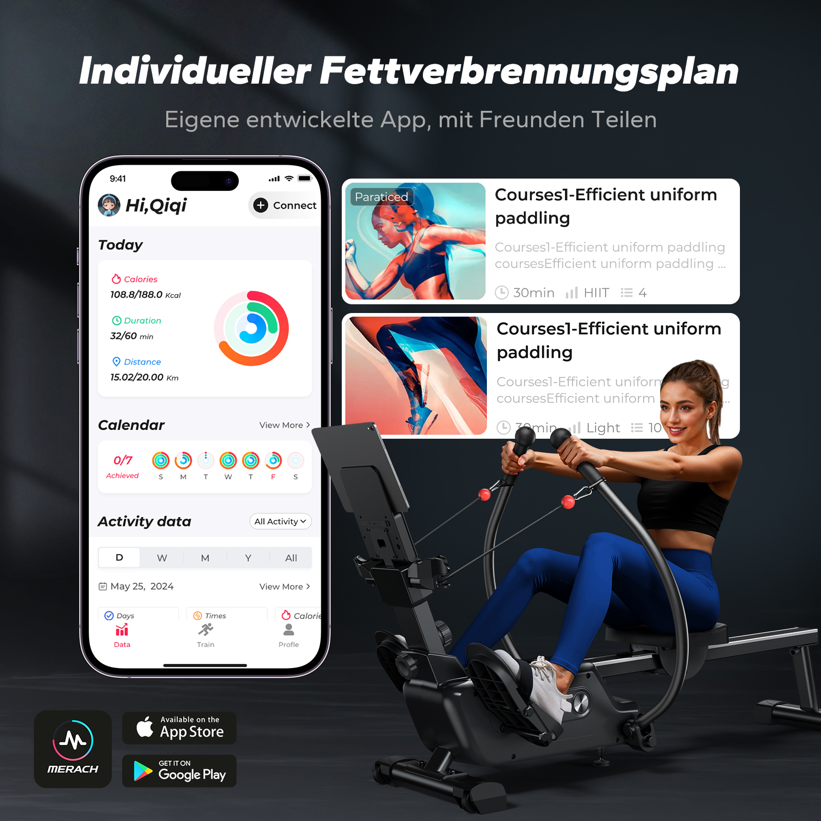 Eine Frau trainiert auf einem Rudergerät, daneben eine App-Anzeige mit Fitnessdaten.
