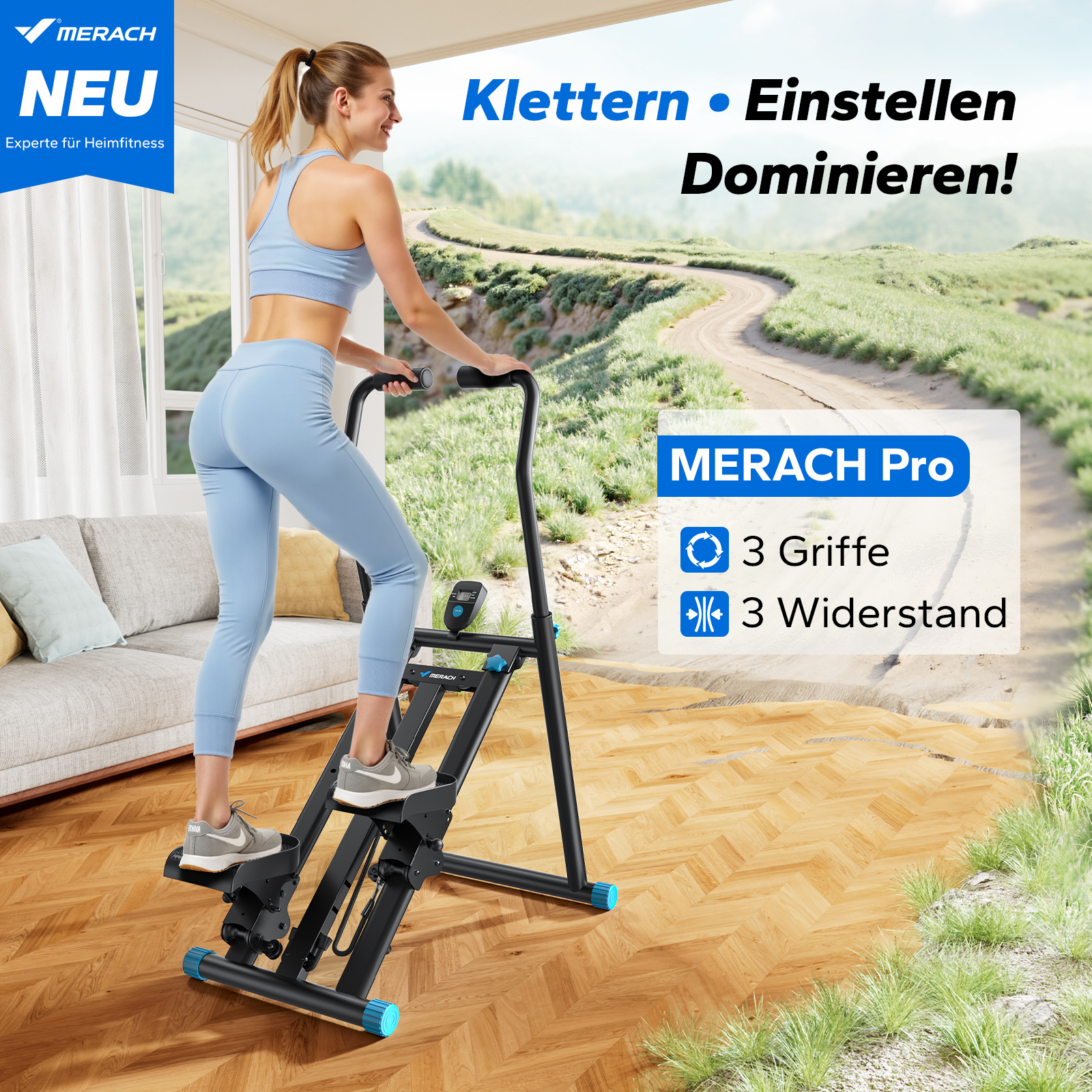 Frau auf einem Stepper im Wohnzimmer, Berge im Hintergrund.