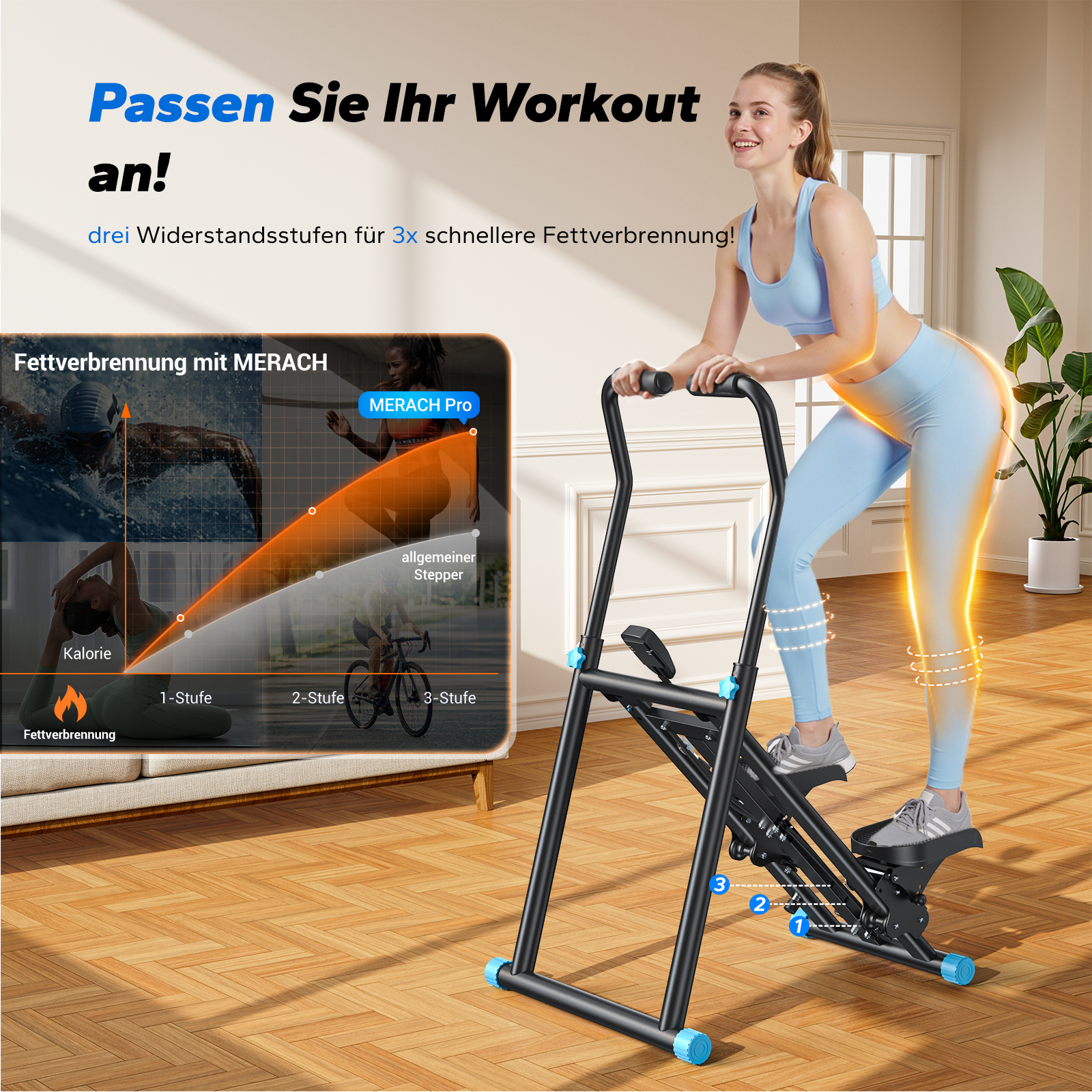 Frau trainiert auf einem Stepper mit drei Widerstandsstufen. Grafik zeigt Fettverbrennung.