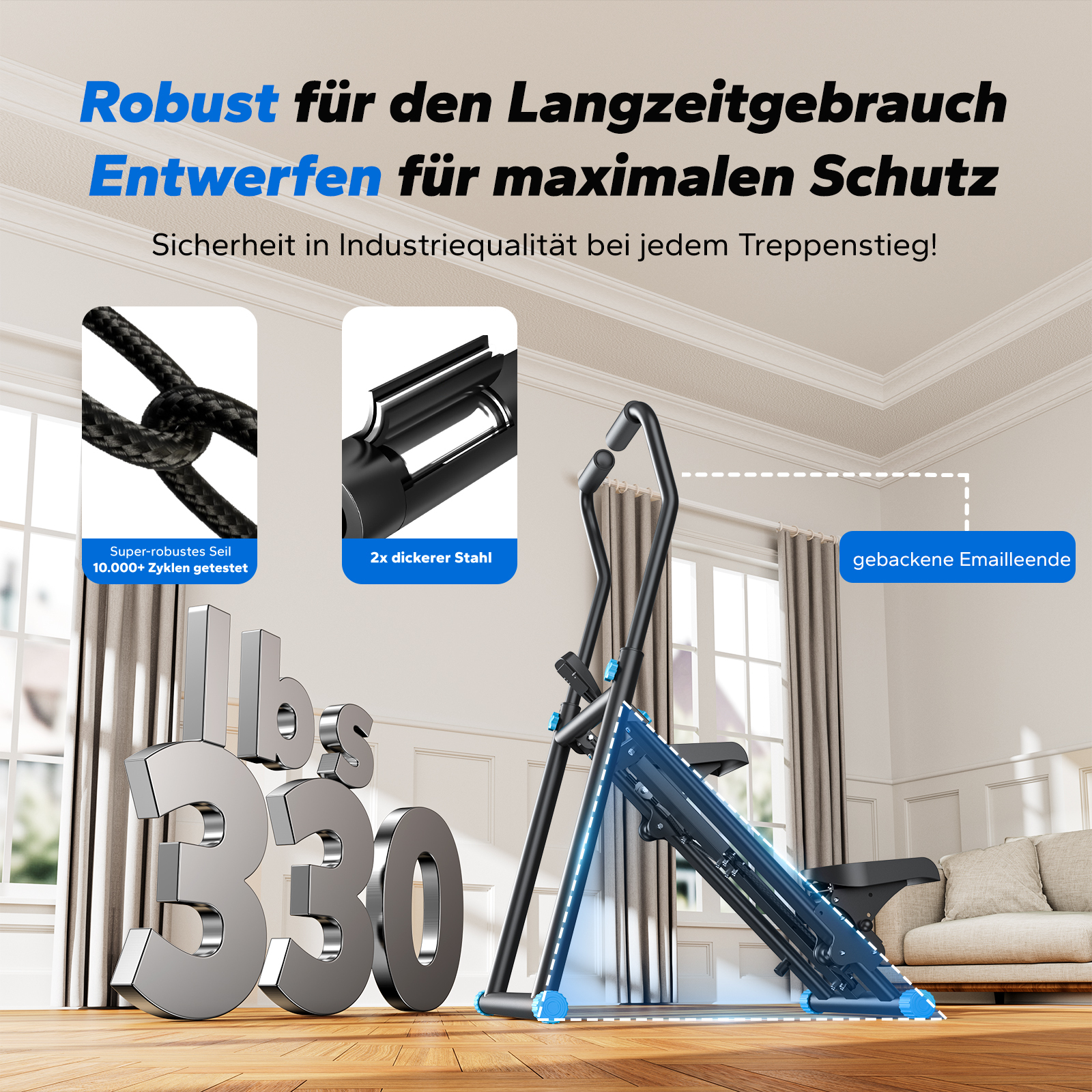 Ein Crosstrainer mit 330 lbs Kapazität, robustem Seil und Stahlrahmen.