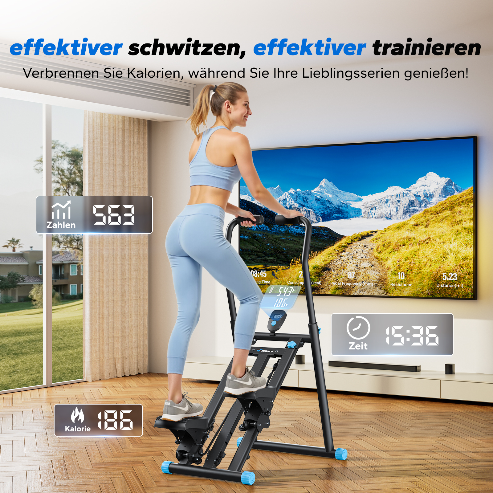 Frau trainiert auf einem Stepper vor einem Bergpanorama-Bildschirm. Kalorien: 186.