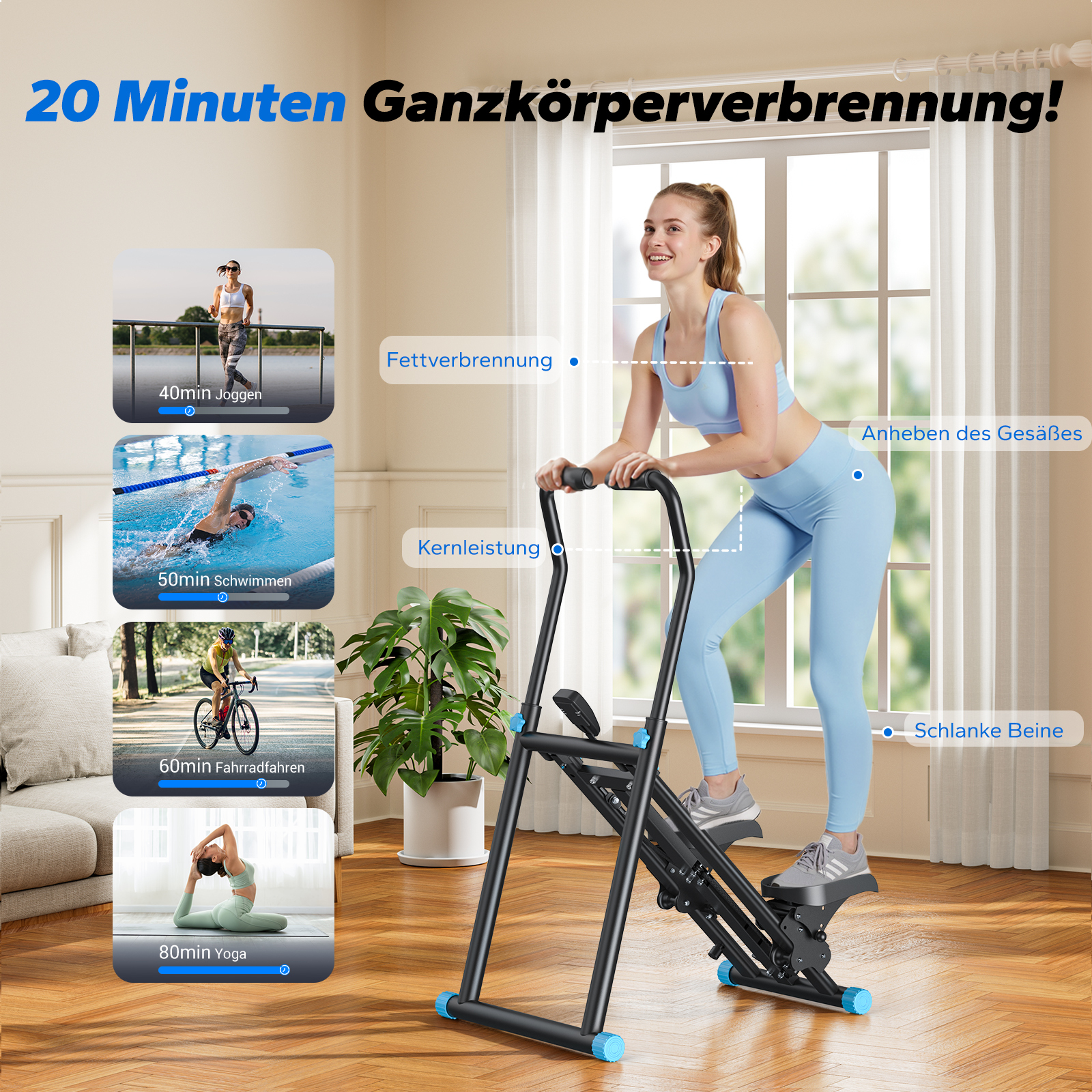 Frau auf einem Ganzkörper-Fitnessgerät, mit vier Trainingsbildern daneben.