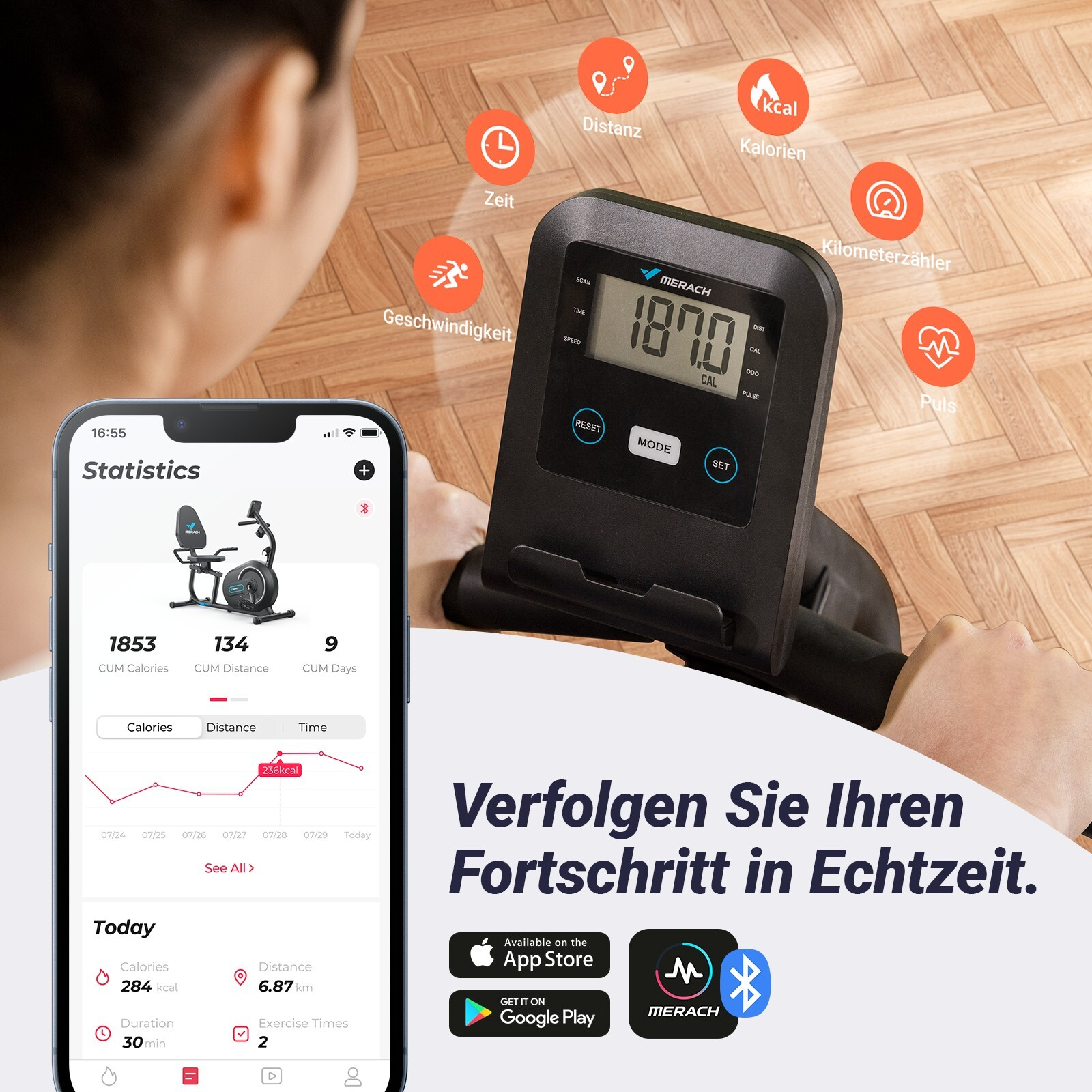 Ein Smartphone zeigt Trainingsstatistiken neben einem Heimtrainer-Display.