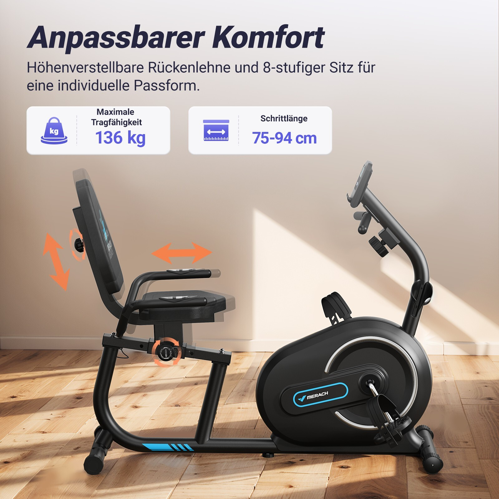 Ein schwarzes Heimtrainerfahrrad mit verstellbarem Sitz und Rückenlehne, maximal 136 kg.