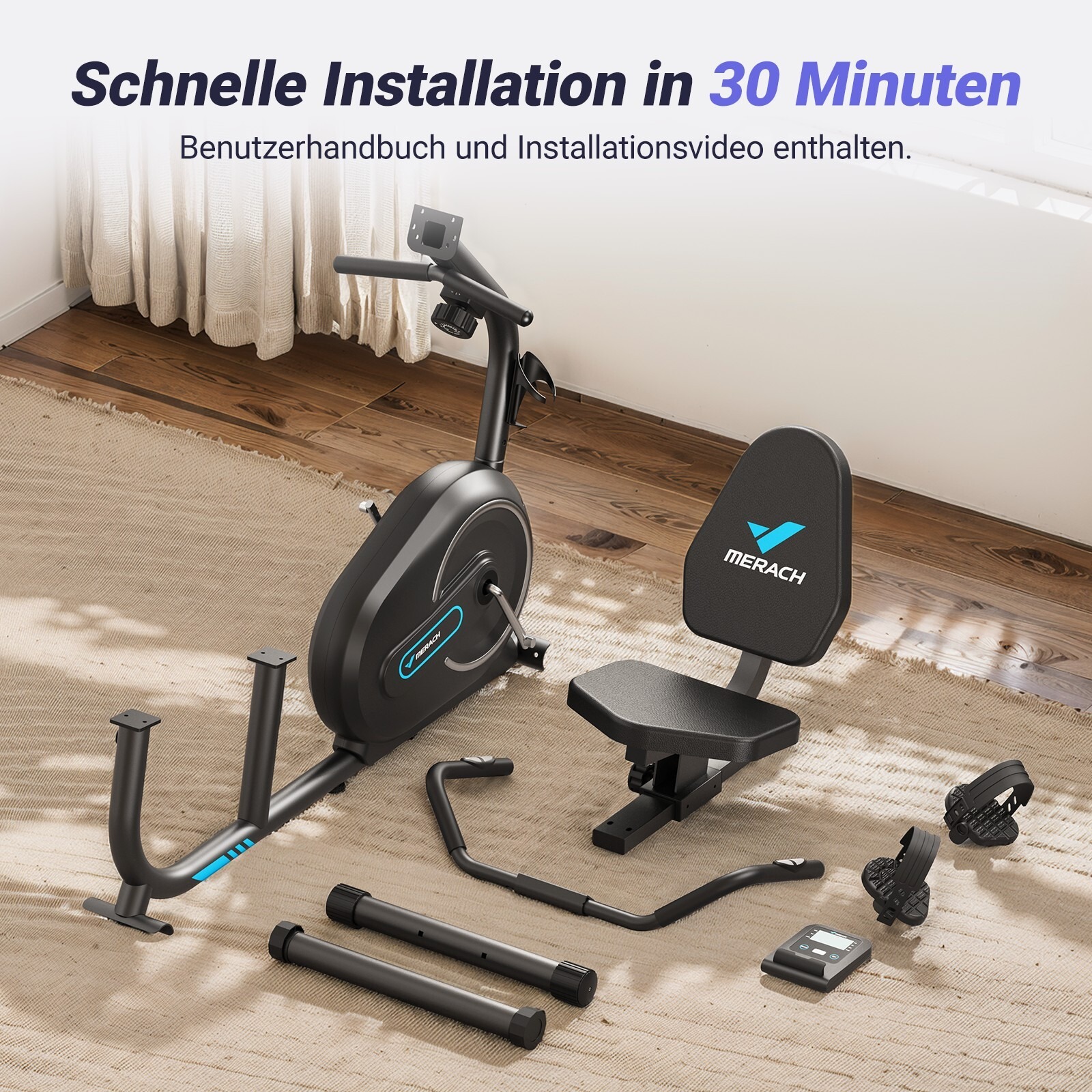 Ein schwarzes Heimtrainer-Set mit Sitz und Lenker, auf einem Teppich ausgelegt.