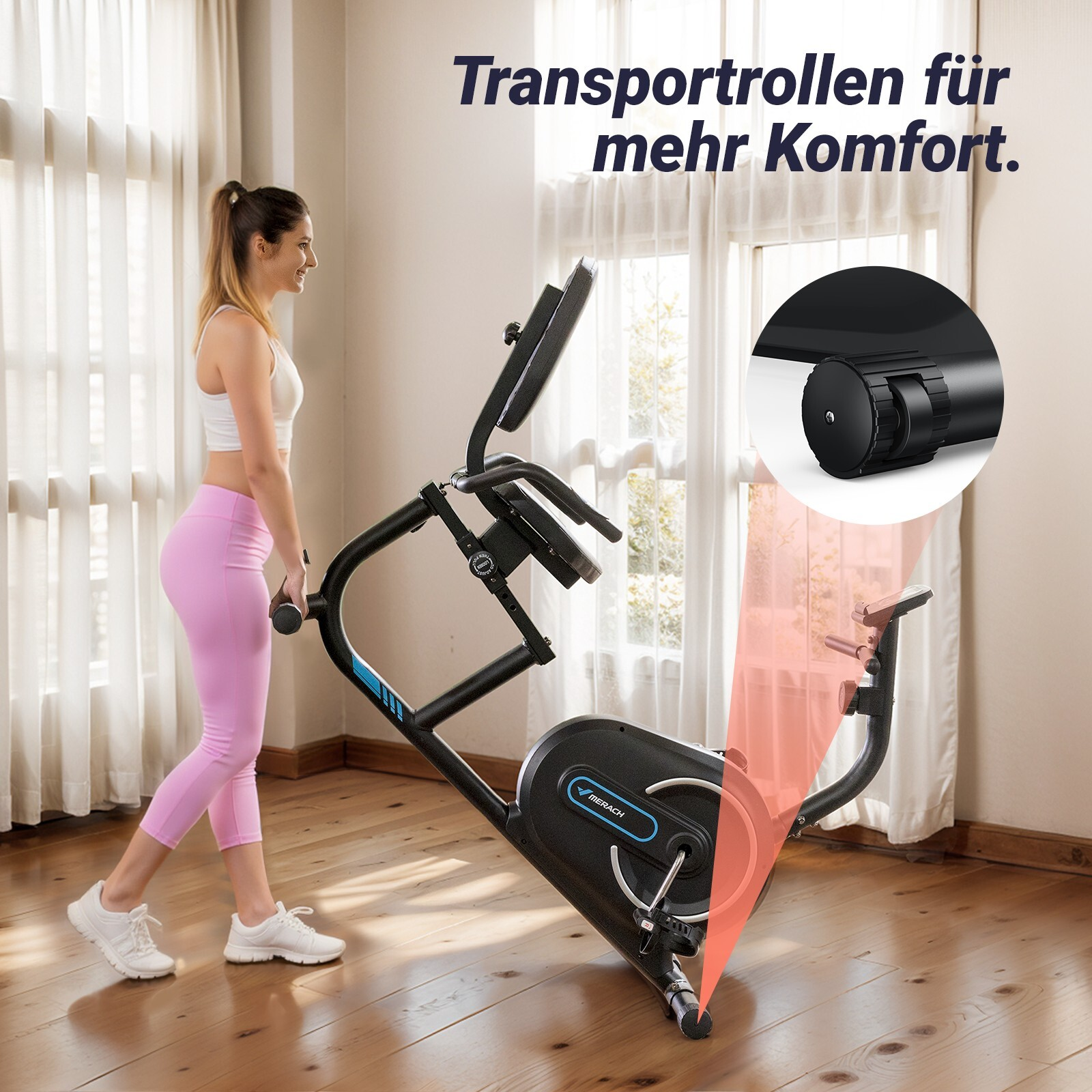 Eine Frau in pinker Trainingshose und weißem Top steht neben einem Heimtrainer.