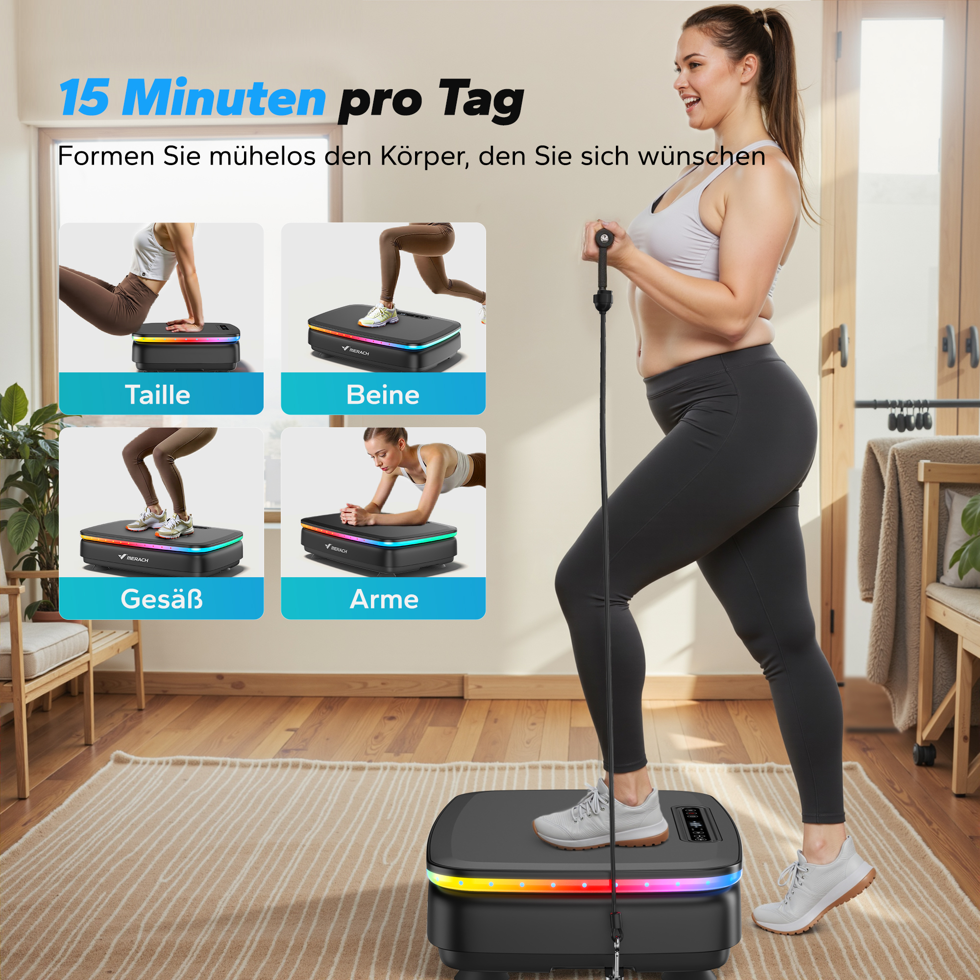 Frau trainiert mit Vibrationsplatte, vier kleine Bilder zeigen Übungen für Taille, Beine, Gesäß, Arme.