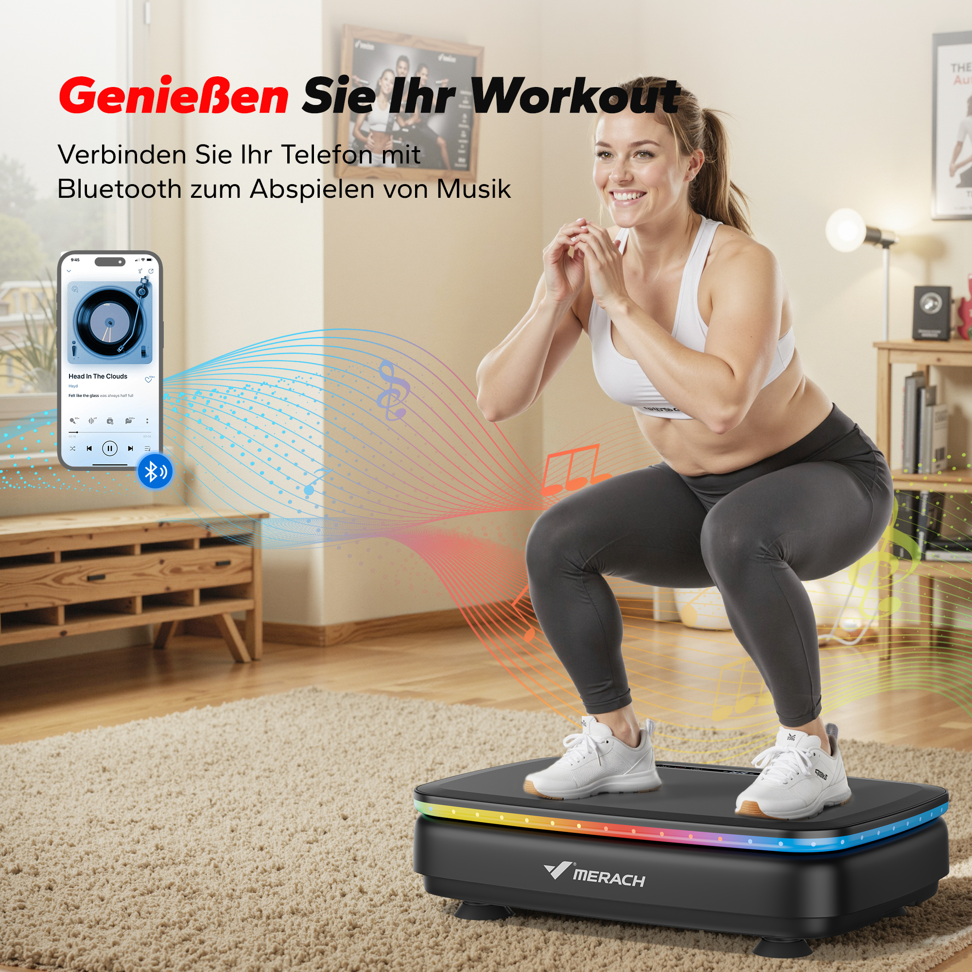 Frau macht Kniebeugen auf Vibrationsplatte, Handy spielt Musik ab.