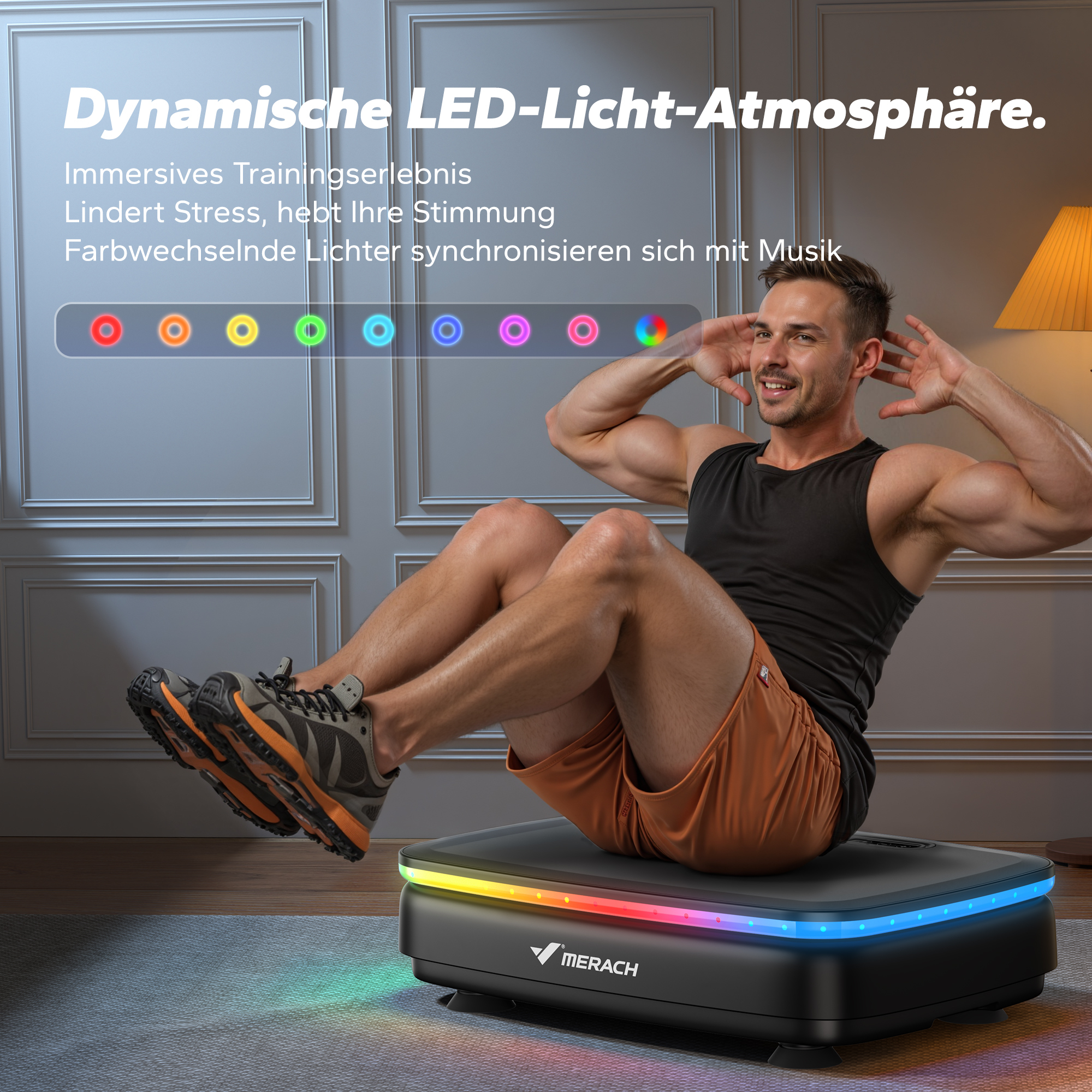 Mann macht Sit-ups auf einer Vibromaschine mit dynamischer LED-Beleuchtung.