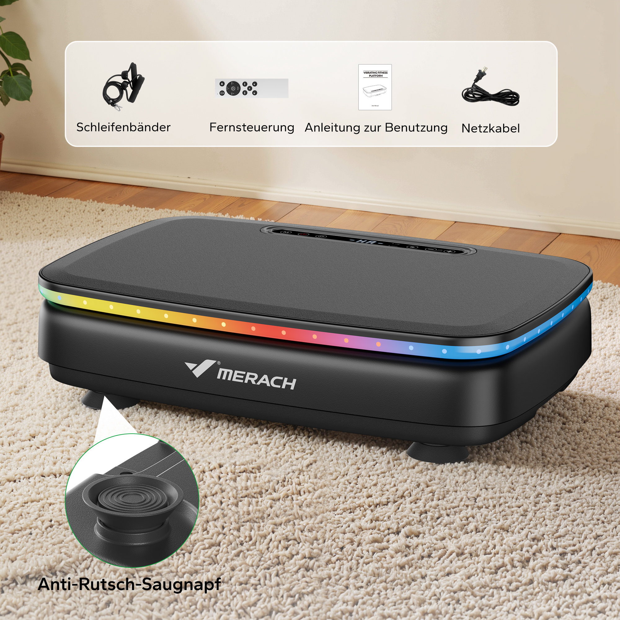Schwarze Vibrationsplatte mit bunter LED-Beleuchtung, Fernbedienung, Kabeln und Anleitung.
