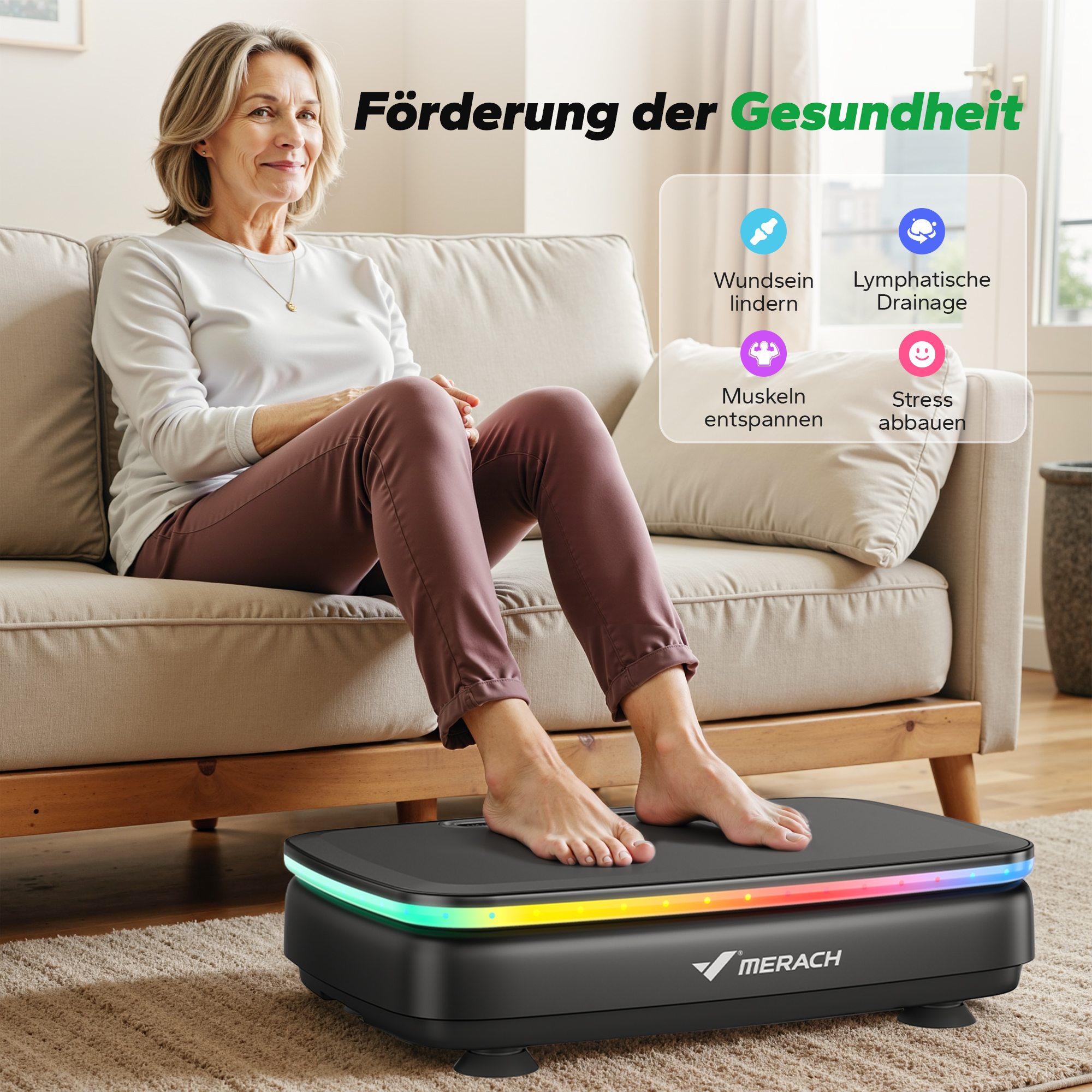 Frau sitzt auf Sofa, Füße auf Vibrationsplatte mit bunten Lichtern.