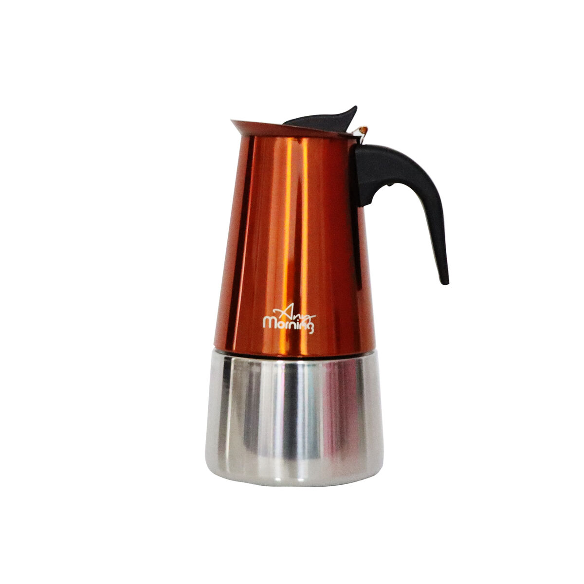 Gümüş tabanlı, siyah saplı turuncu espresso makinesi.