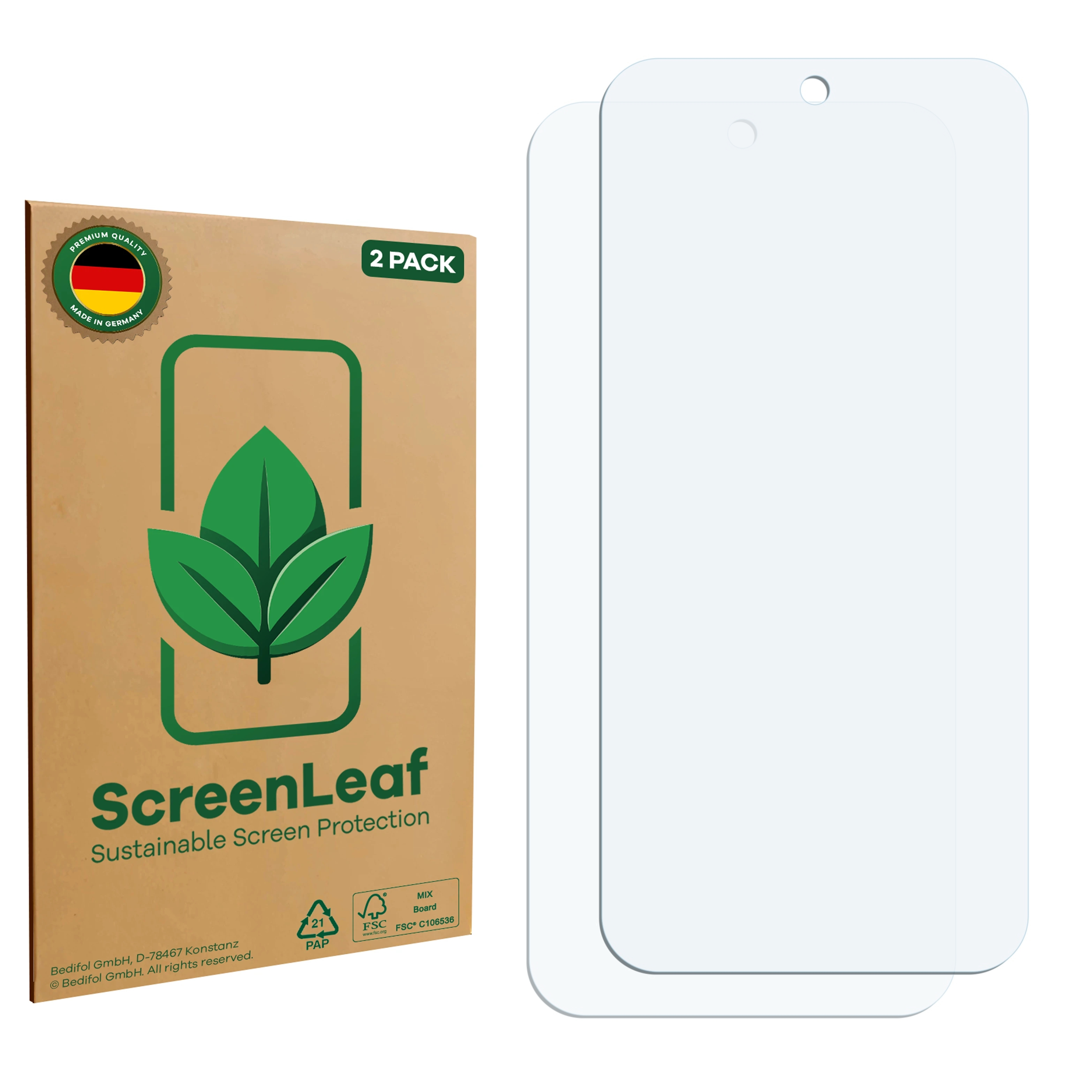 Zwei Displayschutzfolien neben einer braunen Verpackung mit grünen Blättern.