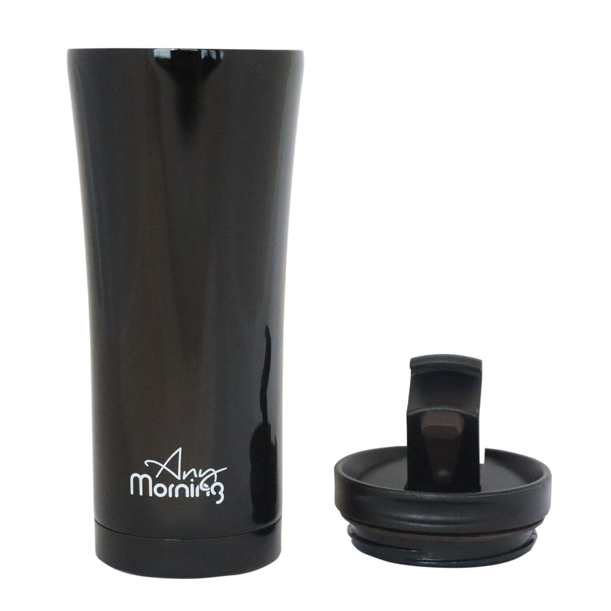 Kapakları çıkarılmış, 'Any Morning' logosu görünen siyah termos bardak.