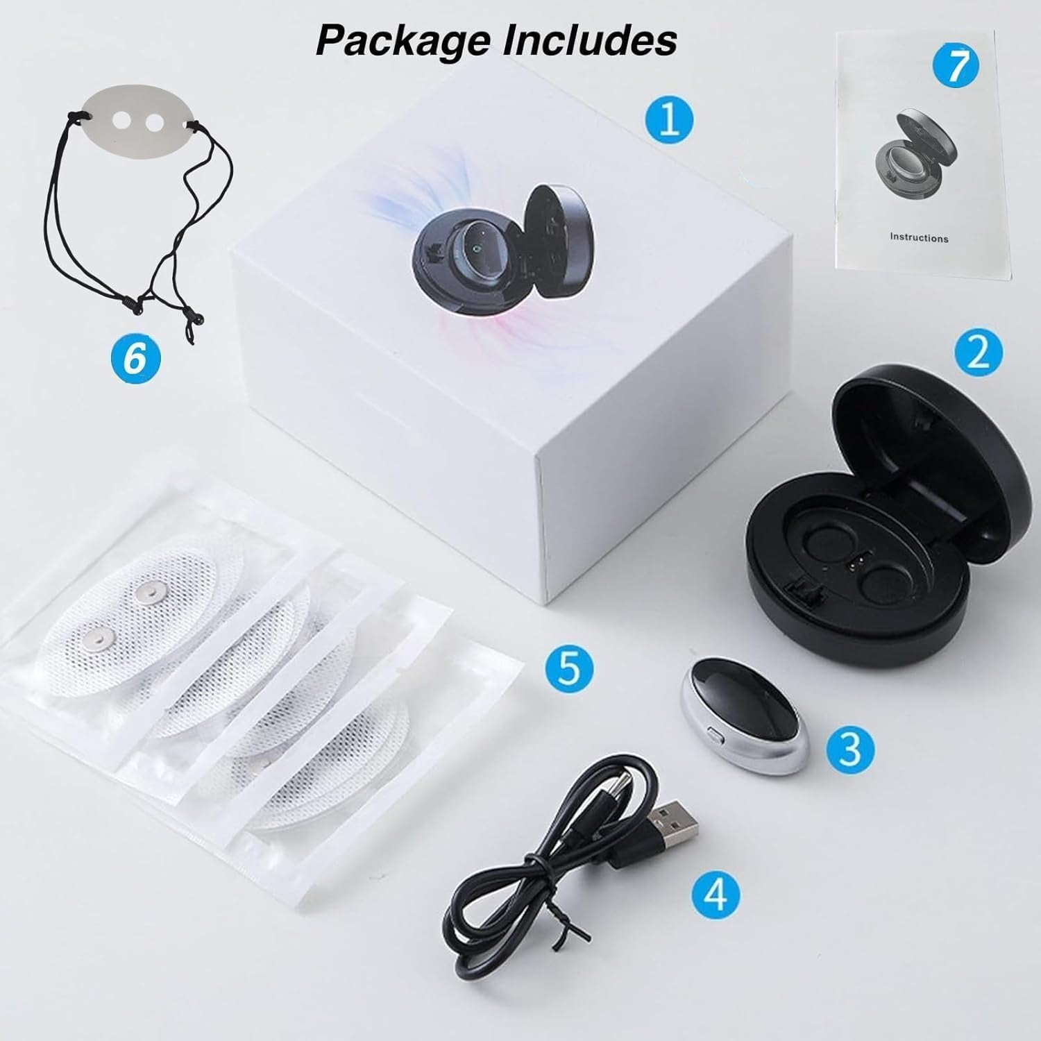 Packungsinhalt: Karton, Ladecase, Ohrhörer, USB-Kabel, Elektrodenpads, Riemen, Anleitung.
