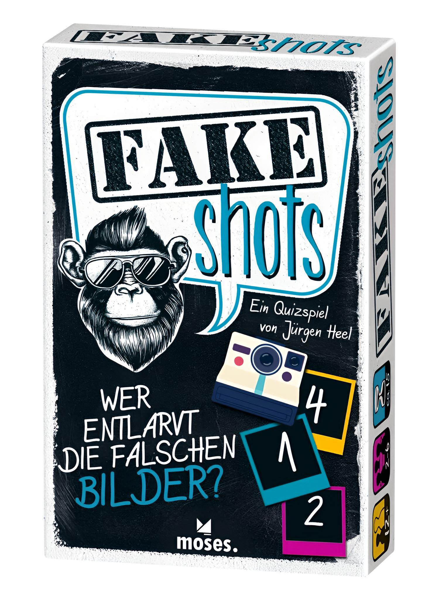 Brettspiel-Box mit Affen-Grafik, Kamera und Zahlenkarten. Titel: FAKEshots.