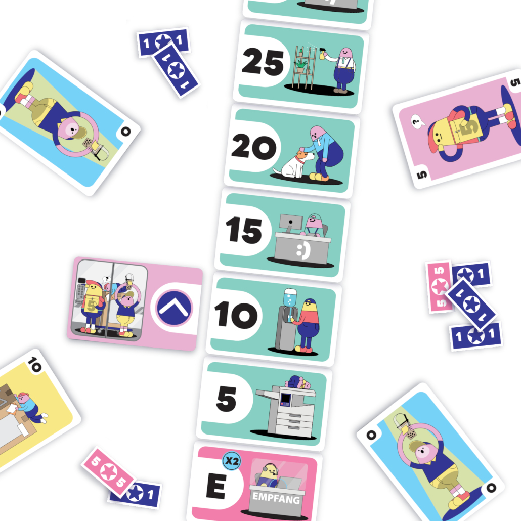 Spielkarten mit Cartoon-Figuren: Aufzug, Hund, Büro, Drucker, Rezeption.