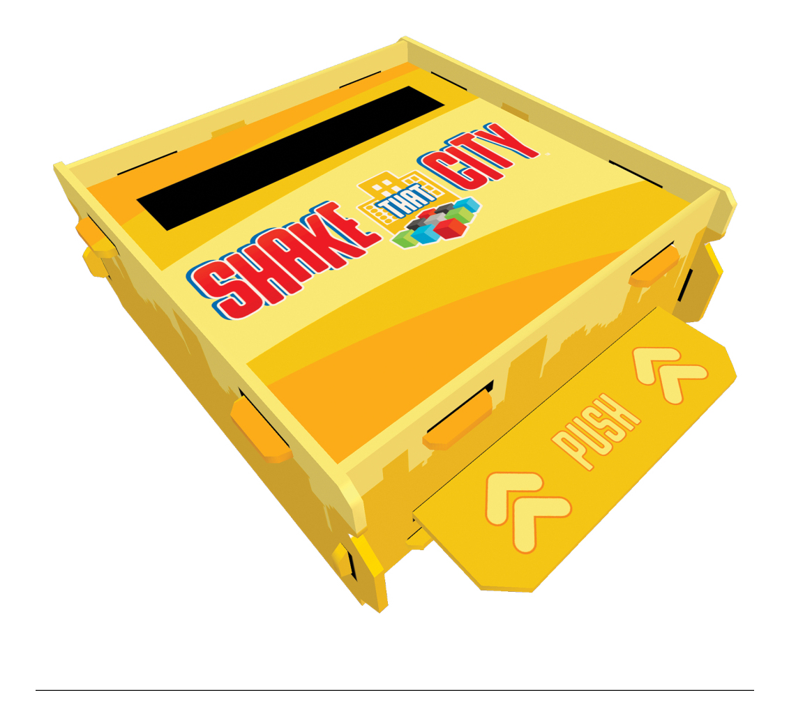 Gelbes Spielgerät mit Aufschrift 'Shake That City' und einem Schubhebel.