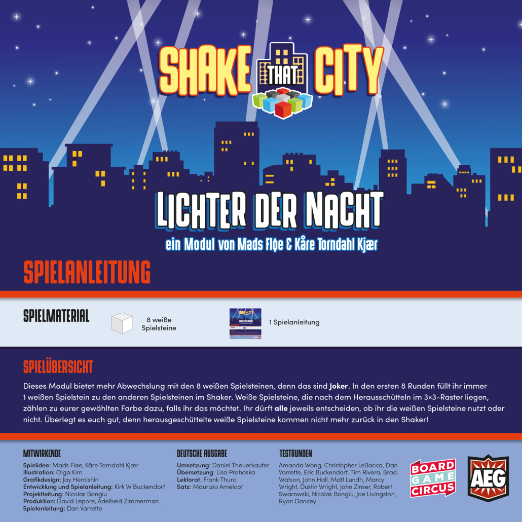 Spielanleitung für Shake That City: Lichter der Nacht, mit Spielmaterial und Übersicht.