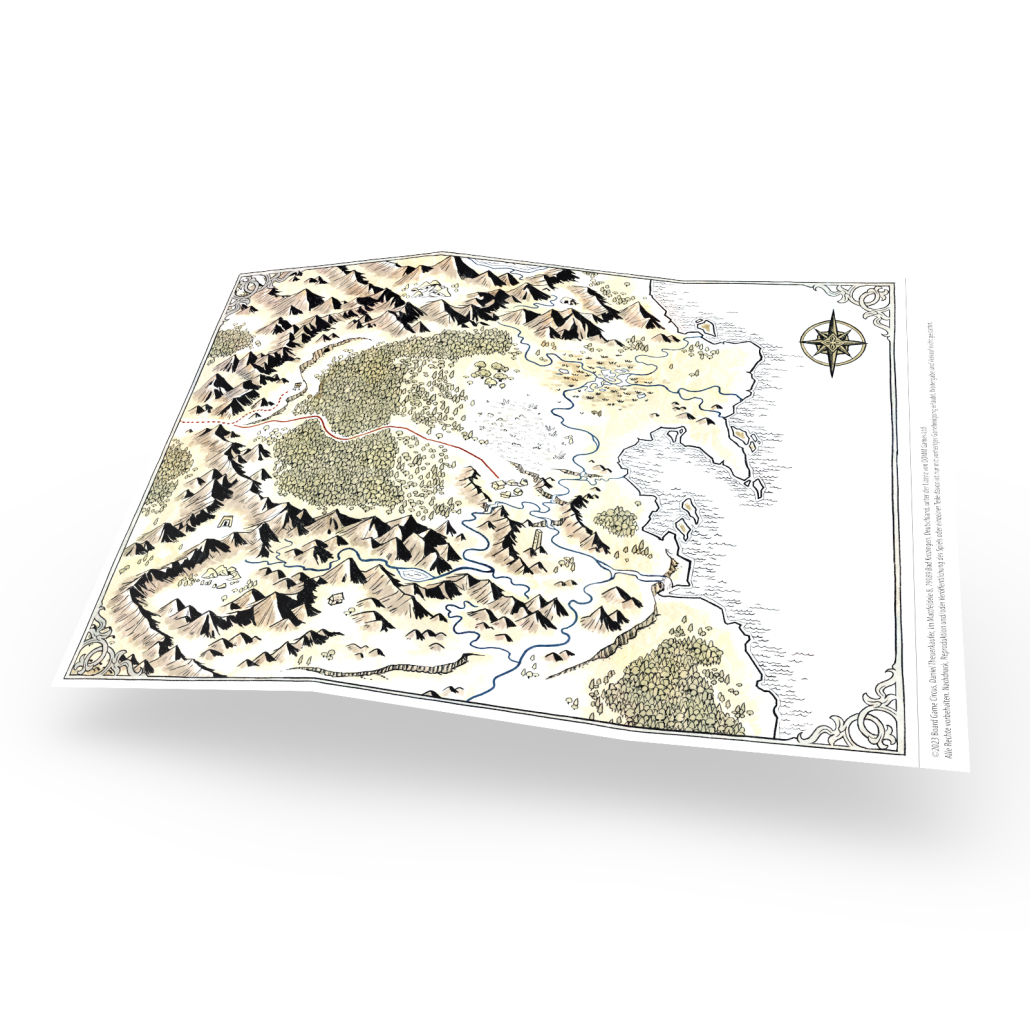 Fantasy-Karte mit Bergen, Wäldern, Flüssen und Küste. Ein Kompass ist oben rechts.