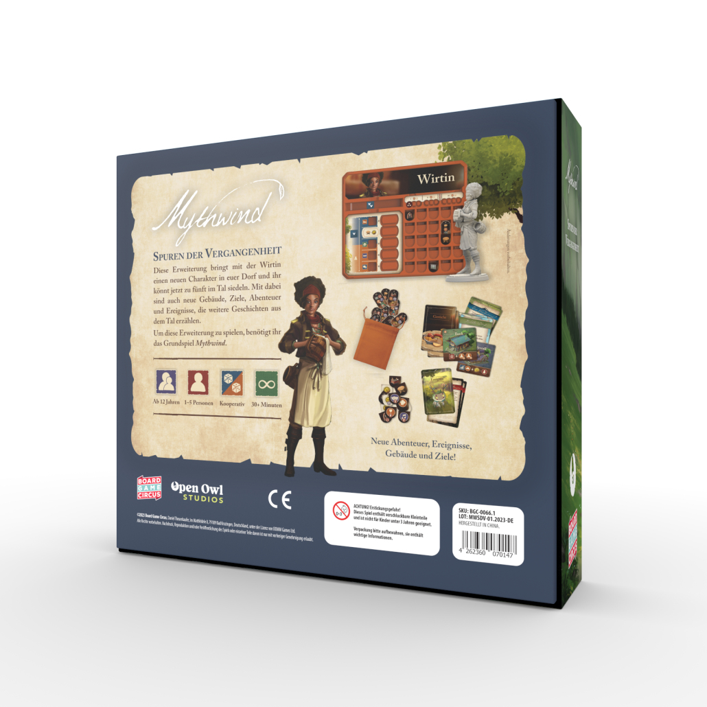 Brettspielbox mit Illustrationen und Texten, die ein Spiel namens Myhthwind beschreiben.