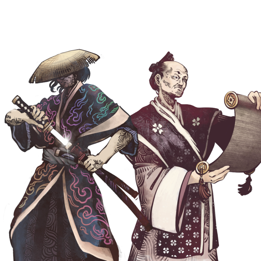 Zwei Samurai stehen Rücken an Rücken. Einer trägt einen konischen Hut und hält ein leuchtendes Schwert. Der andere rollt eine Schriftrolle auf.