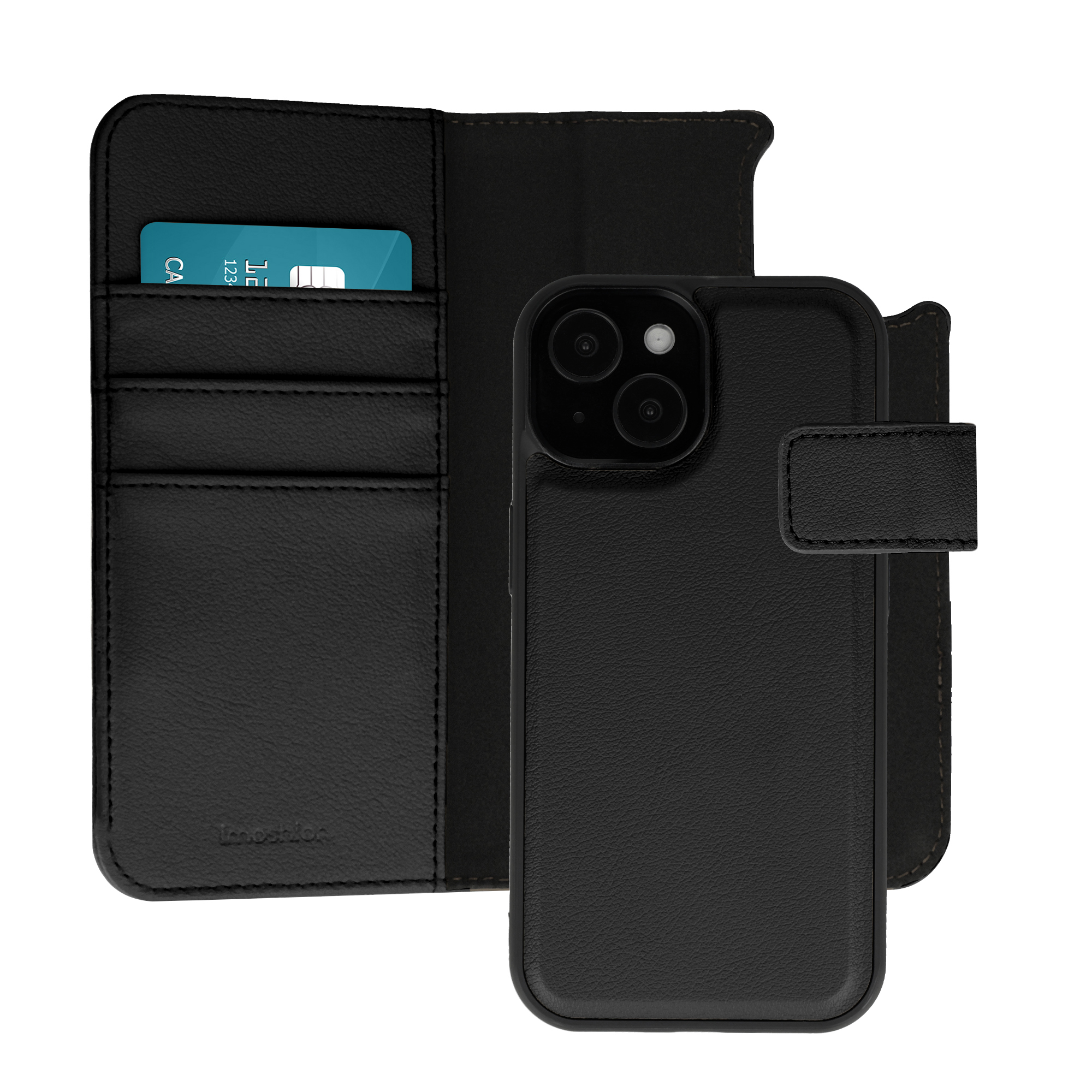 Zwarte leren iPhone hoes met kaartsleuven en één kaart.