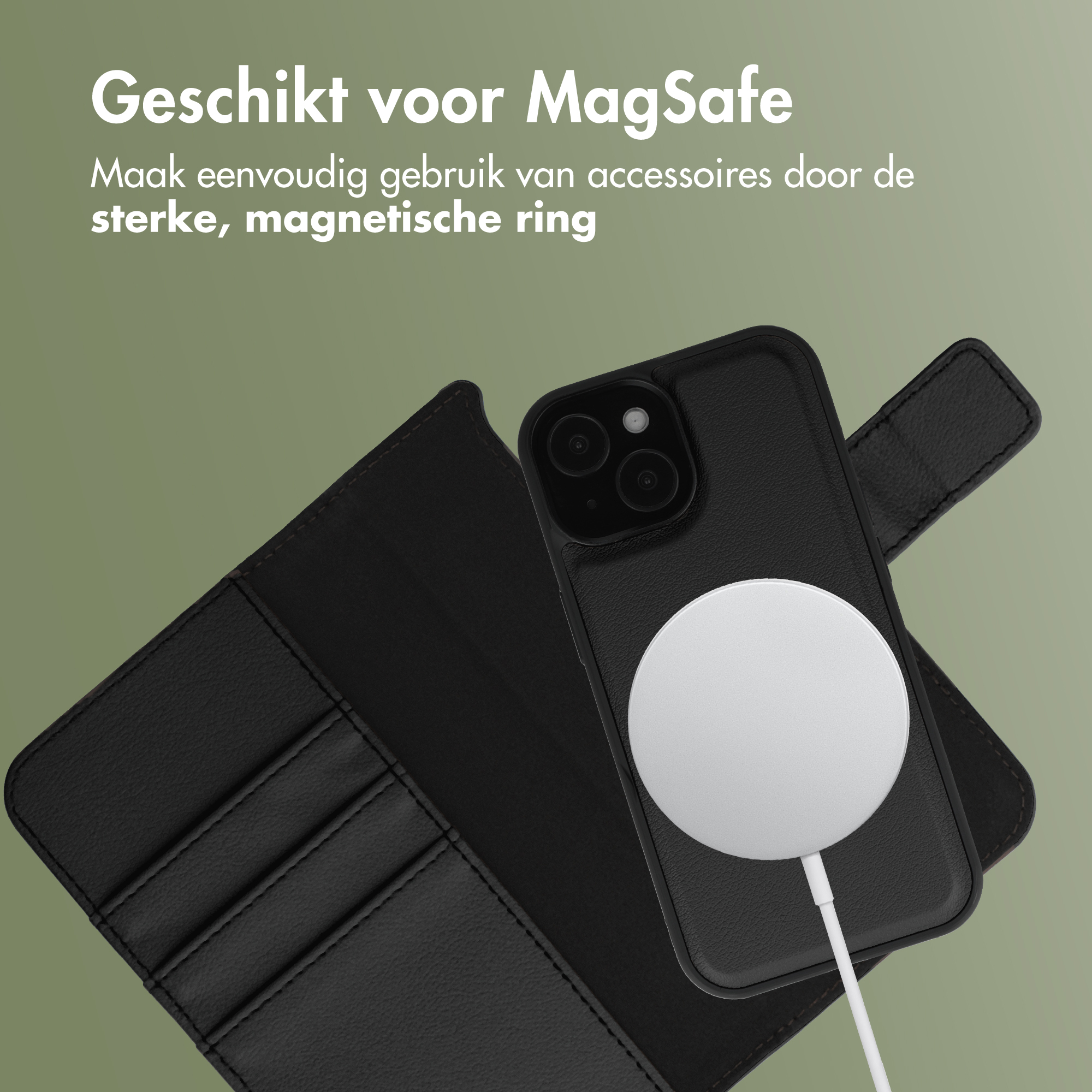 Zwarte lederen hoes met magnetische ring en oplaadkabel voor smartphone.