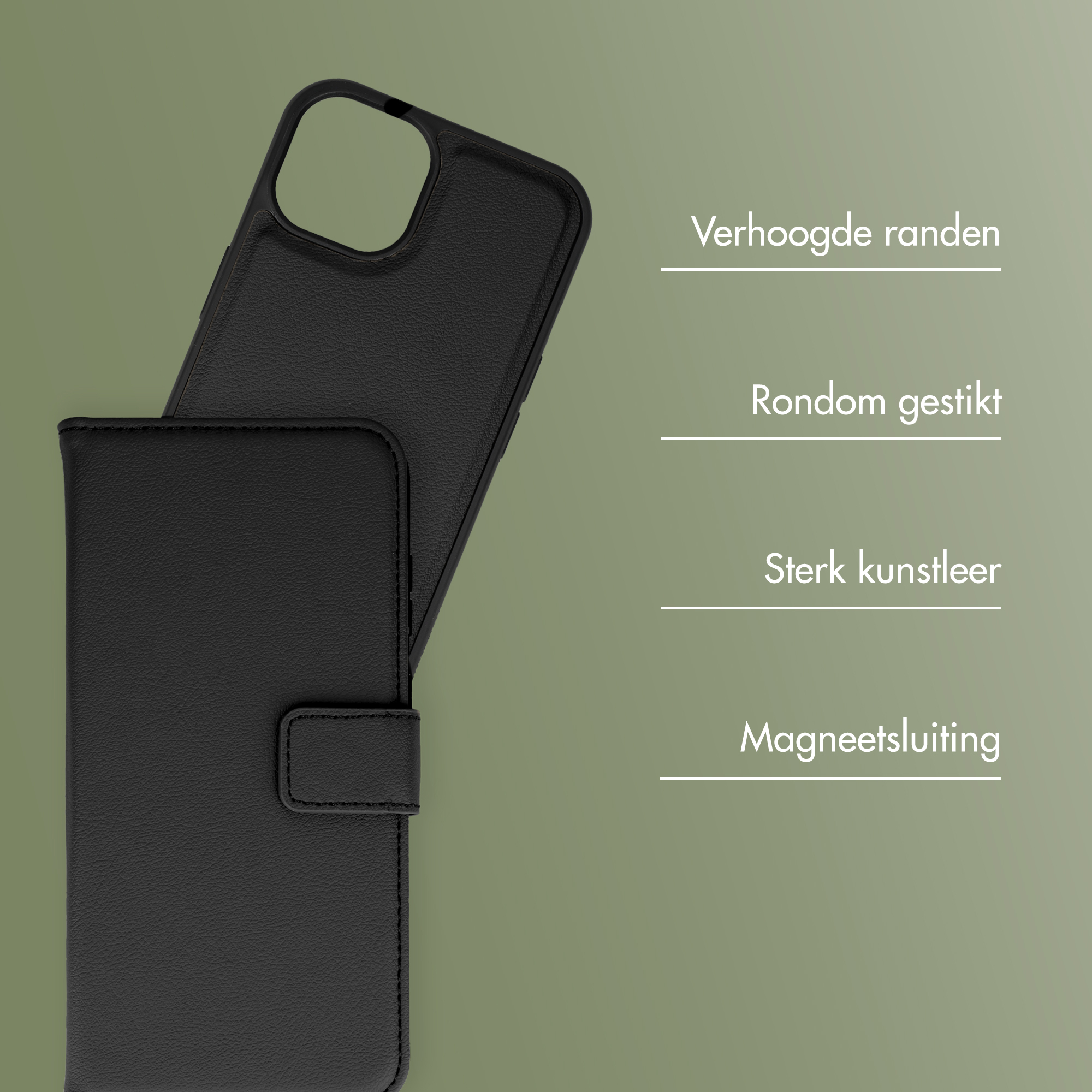 Zwarte lederen telefoonhoes met stiksels en een magnetische sluiting aan de voorzijde.
