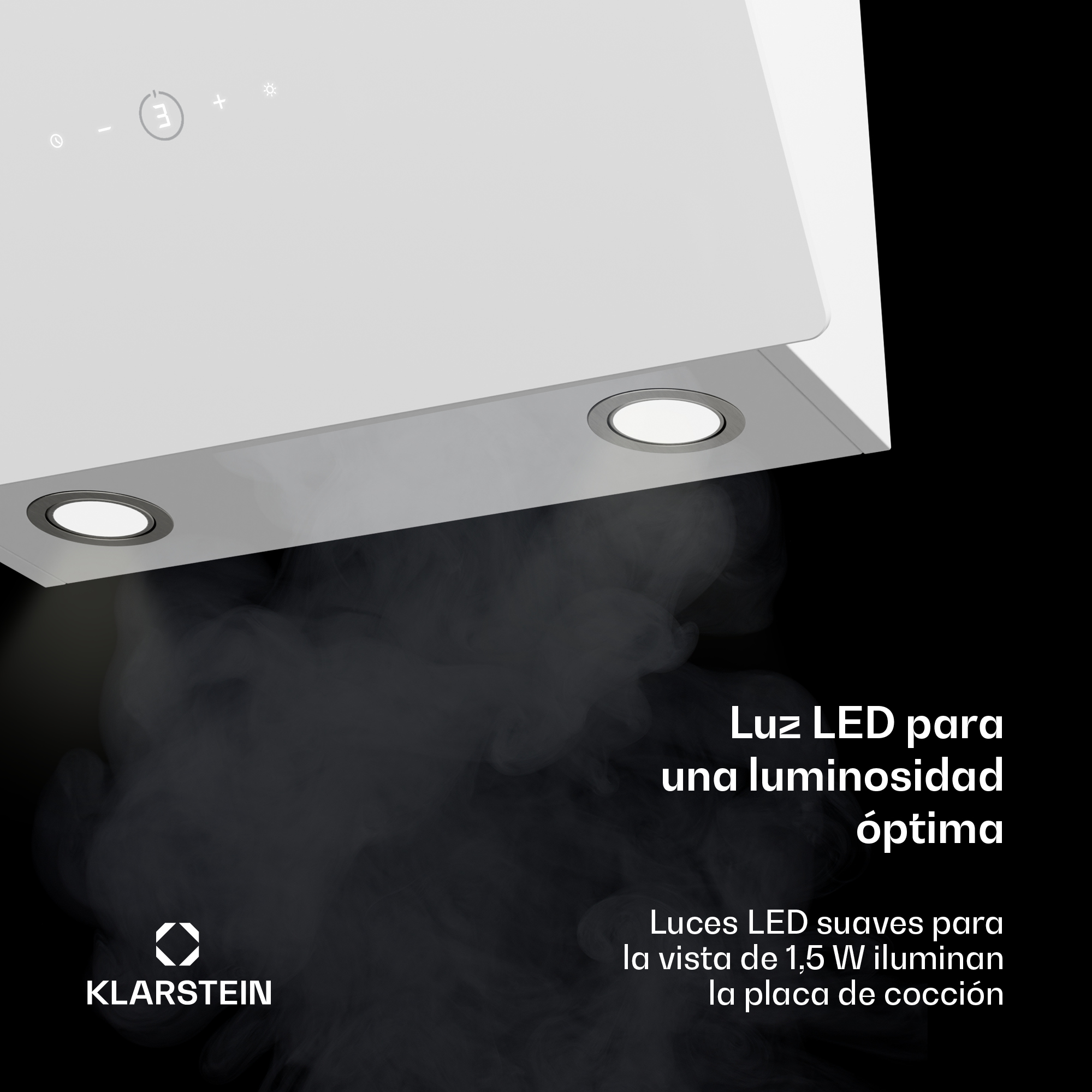 Ein weißer Dunstabzug mit LED-Beleuchtung und Dampf