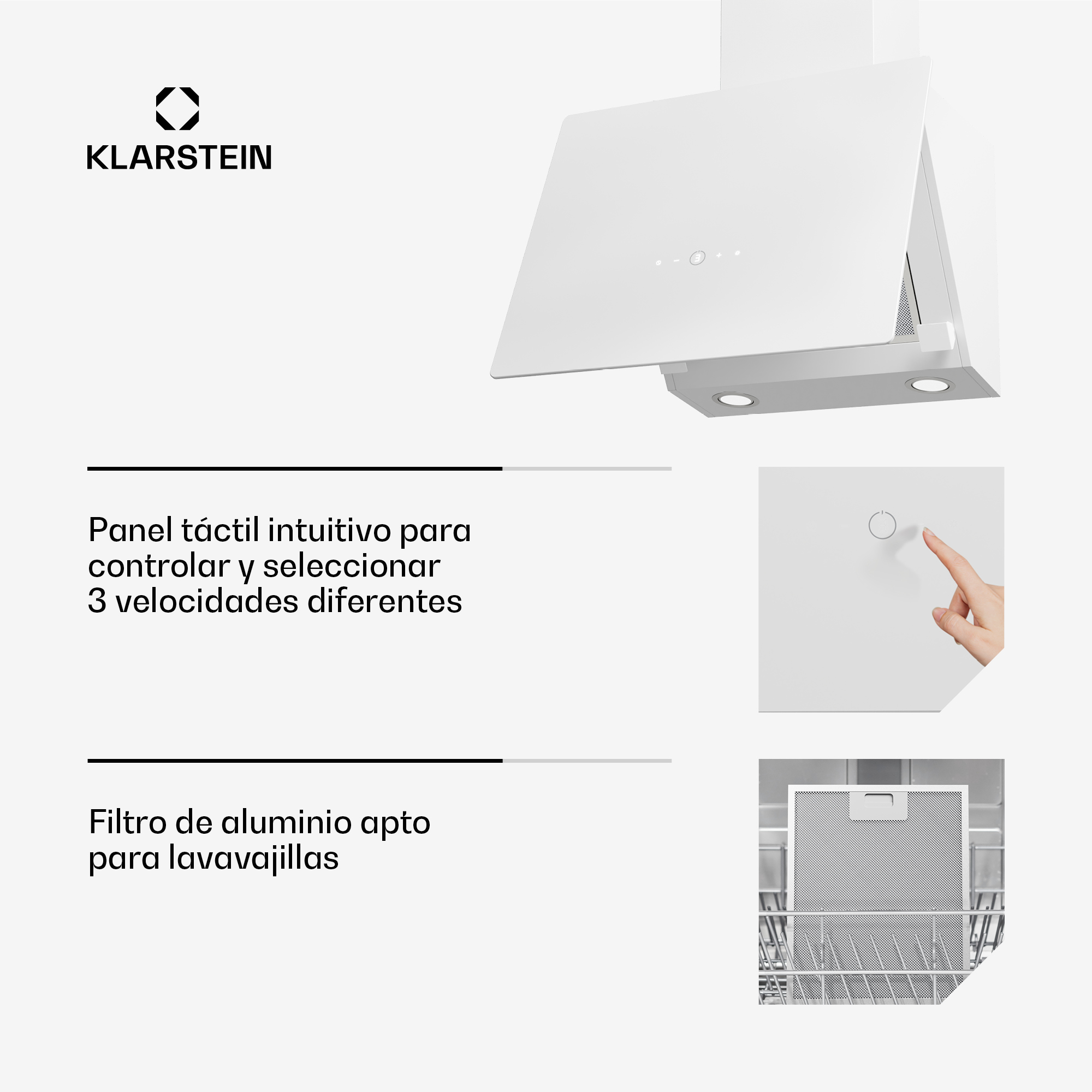 Eine weiße Dunstabzugshaube mit Touch-Bedienfeld und Aluminiumfilter.